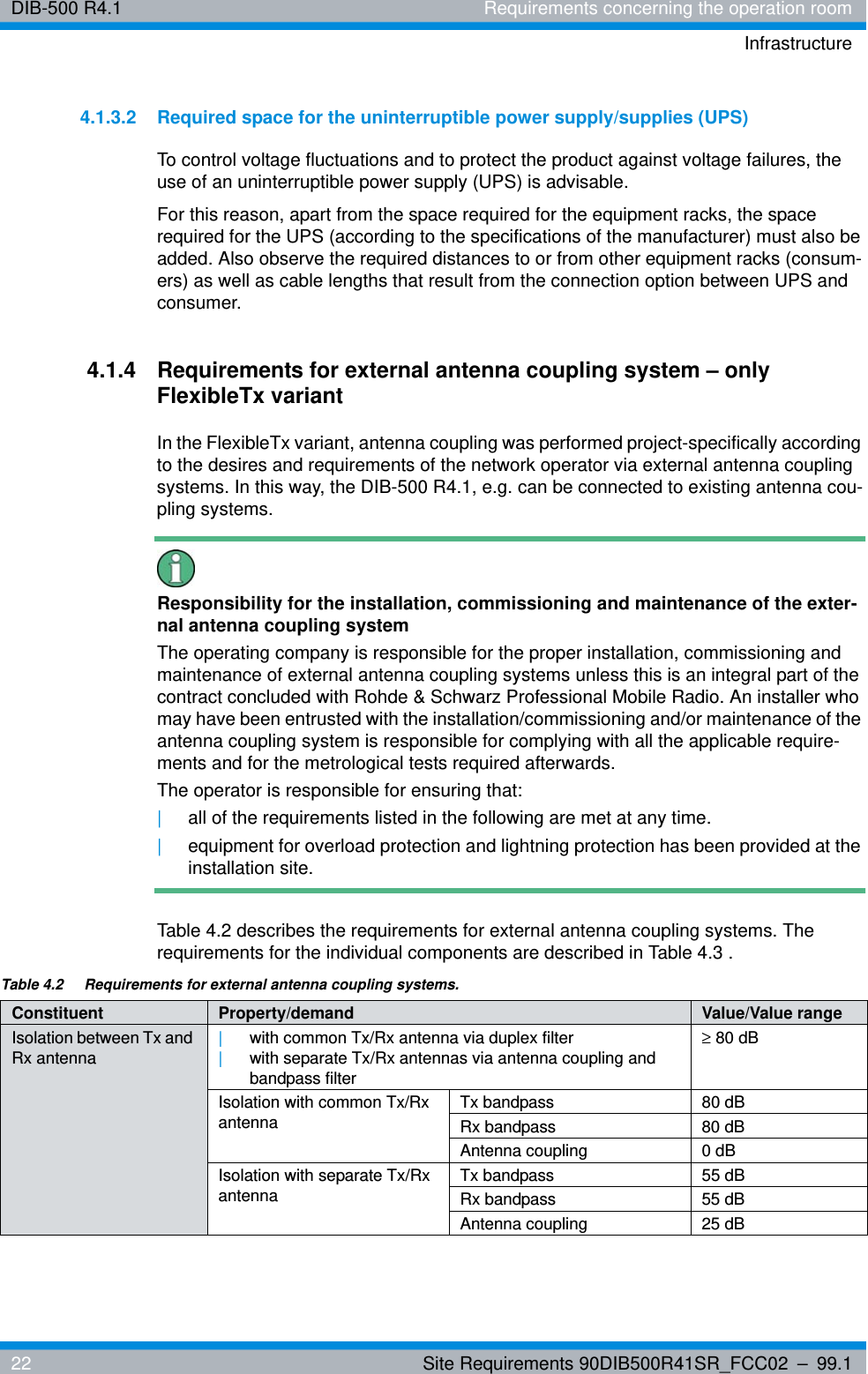 DIB-500 R4.1 Requirements concerning the operation roomInfrastructure22 Site Requirements 90DIB500R41SR_FCC02 – 99.14.1.3.2 Required space for the uninterruptible power supply/supplies (UPS)To control voltage fluctuations and to protect the product against voltage failures, the use of an uninterruptible power supply (UPS) is advisable.For this reason, apart from the space required for the equipment racks, the space required for the UPS (according to the specifications of the manufacturer) must also be added. Also observe the required distances to or from other equipment racks (consum-ers) as well as cable lengths that result from the connection option between UPS and consumer.4.1.4 Requirements for external antenna coupling system – only FlexibleTx variantIn the FlexibleTx variant, antenna coupling was performed project-specifically according to the desires and requirements of the network operator via external antenna coupling systems. In this way, the DIB-500 R4.1, e.g. can be connected to existing antenna cou-pling systems.Responsibility for the installation, commissioning and maintenance of the exter-nal antenna coupling systemThe operating company is responsible for the proper installation, commissioning and maintenance of external antenna coupling systems unless this is an integral part of the contract concluded with Rohde &amp; Schwarz Professional Mobile Radio. An installer who may have been entrusted with the installation/commissioning and/or maintenance of the antenna coupling system is responsible for complying with all the applicable require-ments and for the metrological tests required afterwards.The operator is responsible for ensuring that: |all of the requirements listed in the following are met at any time.|equipment for overload protection and lightning protection has been provided at the installation site.Table 4.2 describes the requirements for external antenna coupling systems. The requirements for the individual components are described in Table 4.3 .Table 4.2  Requirements for external antenna coupling systems.Constituent Property/demand Value/Value rangeIsolation between Tx and Rx antenna|with common Tx/Rx antenna via duplex filter|with separate Tx/Rx antennas via antenna coupling and bandpass filter≥ 80 dBIsolation with common Tx/Rx antennaTx bandpass 80 dBRx bandpass 80 dBAntenna coupling 0 dBIsolation with separate Tx/Rx antennaTx bandpass 55 dBRx bandpass 55 dBAntenna coupling 25 dB