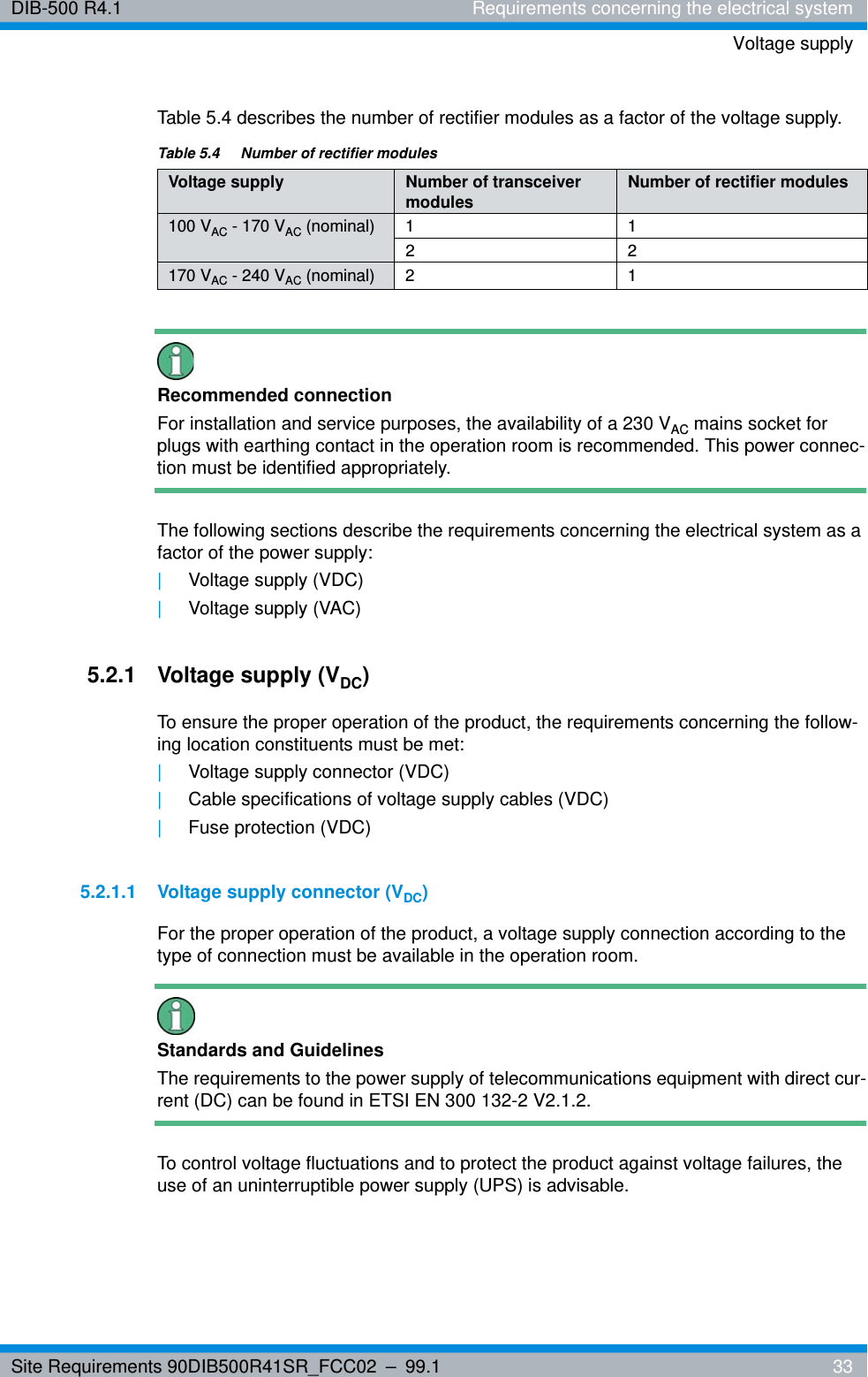 Site Requirements 90DIB500R41SR_FCC02 – 99.1  33DIB-500 R4.1 Requirements concerning the electrical systemVoltage supplyTable 5.4 describes the number of rectifier modules as a factor of the voltage supply.Recommended connectionFor installation and service purposes, the availability of a 230 VAC mains socket for plugs with earthing contact in the operation room is recommended. This power connec-tion must be identified appropriately.The following sections describe the requirements concerning the electrical system as a factor of the power supply:|Voltage supply (VDC)|Voltage supply (VAC)5.2.1 Voltage supply (VDC)To ensure the proper operation of the product, the requirements concerning the follow-ing location constituents must be met:|Voltage supply connector (VDC)|Cable specifications of voltage supply cables (VDC)|Fuse protection (VDC)5.2.1.1 Voltage supply connector (VDC)For the proper operation of the product, a voltage supply connection according to the type of connection must be available in the operation room.Standards and GuidelinesThe requirements to the power supply of telecommunications equipment with direct cur-rent (DC) can be found in ETSI EN 300 132-2 V2.1.2.To control voltage fluctuations and to protect the product against voltage failures, the use of an uninterruptible power supply (UPS) is advisable.Table 5.4  Number of rectifier modulesVoltage supply Number of transceiver modulesNumber of rectifier modules100 VAC - 170 VAC (nominal) 1 122170 VAC - 240 VAC (nominal) 2 1