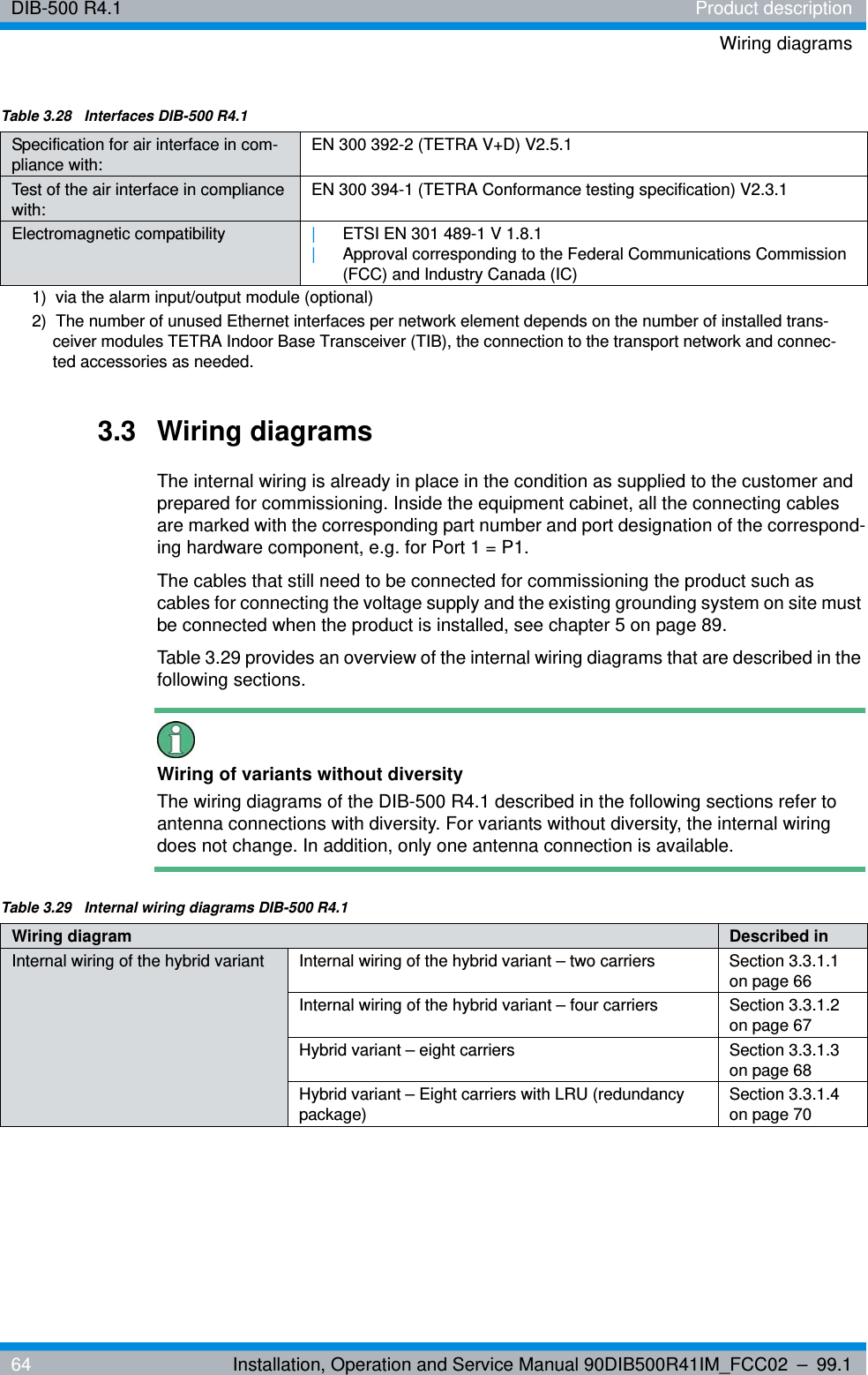DIB-500 R4.1 Product descriptionWiring diagrams64 Installation, Operation and Service Manual 90DIB500R41IM_FCC02 – 99.13.3 Wiring diagramsThe internal wiring is already in place in the condition as supplied to the customer and prepared for commissioning. Inside the equipment cabinet, all the connecting cables are marked with the corresponding part number and port designation of the correspond-ing hardware component, e.g. for Port 1 = P1.The cables that still need to be connected for commissioning the product such as cables for connecting the voltage supply and the existing grounding system on site must be connected when the product is installed, see chapter 5 on page 89.Table 3.29 provides an overview of the internal wiring diagrams that are described in the following sections.Wiring of variants without diversityThe wiring diagrams of the DIB-500 R4.1 described in the following sections refer to antenna connections with diversity. For variants without diversity, the internal wiring does not change. In addition, only one antenna connection is available.Specification for air interface in com-pliance with:EN 300 392-2 (TETRA V+D) V2.5.1Test of the air interface in compliance with:EN 300 394-1 (TETRA Conformance testing specification) V2.3.1Electromagnetic compatibility |ETSI EN 301 489-1 V 1.8.1|Approval corresponding to the Federal Communications Commission (FCC) and Industry Canada (IC)1)  via the alarm input/output module (optional)2)  The number of unused Ethernet interfaces per network element depends on the number of installed trans-ceiver modules TETRA Indoor Base Transceiver (TIB), the connection to the transport network and connec-ted accessories as needed.Table 3.28  Interfaces DIB-500 R4.1Table 3.29  Internal wiring diagrams DIB-500 R4.1Wiring diagram Described inInternal wiring of the hybrid variant Internal wiring of the hybrid variant – two carriers Section 3.3.1.1 on page 66Internal wiring of the hybrid variant – four carriers Section 3.3.1.2 on page 67Hybrid variant – eight carriers Section 3.3.1.3 on page 68Hybrid variant – Eight carriers with LRU (redundancy package)Section 3.3.1.4 on page 70
