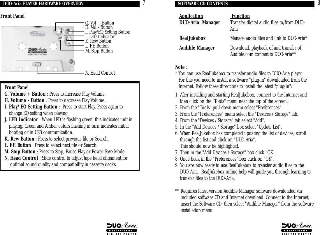 Application  FunctionDUO-Aria  Manager Transfer digital audio files to/from DUO-AriaRealJukebox Manage audio files and link to DUO-Aria* Audible Manager Download, playback of and transfer ofAudible.com content to DUO-Aria**Note :* You can use RealJukebox to transfer audio files to DUO-Aria player. For this you need to install a software &quot;plug-in&quot; downloaded from theInternet. Follow these directions to install the latest &quot;plug-in&quot;:1. After installing and starting RealJukebox, connect to the Internet and then click on the &quot;Tools&quot; menu near the top of the screen. 2. From the &quot;Tools&quot; pull-down menu select &quot;Preferences&quot;.3. From the &quot;Preferences&quot; menu select the &quot;Devices / Storage&quot; tab.4. From the &quot;Devices / Storage&quot; tab select &quot;Add&quot;.5. In the &quot;Add Devices / Storage&quot; box select &quot;Update List&quot;.6. When RealJukebox has completed updating the list of devices, scrollthrough the list and click on &quot;DUO-Aria&quot;. This should now be highlighted.7. Then in the &quot;Add Devices / Storage&quot; box click &quot;OK&quot;. 8. Once back in the &quot;Preferences&quot; box click on &quot;OK&quot;. 9. You are now ready to use RealJukebox to transfer audio files to the DUO-Aria.  RealJukebox online help will guide you through learning totransfer files to the DUO-Aria.** Requires latest version Audible Manager software downloaded viaincluded software CD and Internet download. Connect to the Internet,insert the Software CD, then select &quot;Audible Manager&quot; from the softwareinstallation menu.8SOFTWARE CD CONTENTSFront PanelFront PanelG. Volume + Button : Press to increase Play Volume.  H. Volume - Button : Press to decrease Play Volume.I. Play/ EQ Setting Button :  Press to start Play. Press again tochange EQ setting when playing.J. LED Indicator : When LED is flashing green, this indicates unit inplaying. Green and Amber colors flashing in turn indicates initialbooting or in USB communication. K. Rew Button : Press to select previous file or Search. L. F.F. Button : Press to select next file or Search.M. Stop Button : Press to Stop, Pause Play or Power Save Mode.N. Head Control : Slide control to adjust tape head alignment foroptimal sound quality and compatibility in cassette decks.7DUO-Aria PLAYER HARDWARE OVERVIEWJ. LED IndicatorK. Rew ButtonL. F.F. ButtonM. Stop ButtonG. Vol + ButtonH. Vol - ButtonI. Play/EQ Setting ButtonN. Head Control