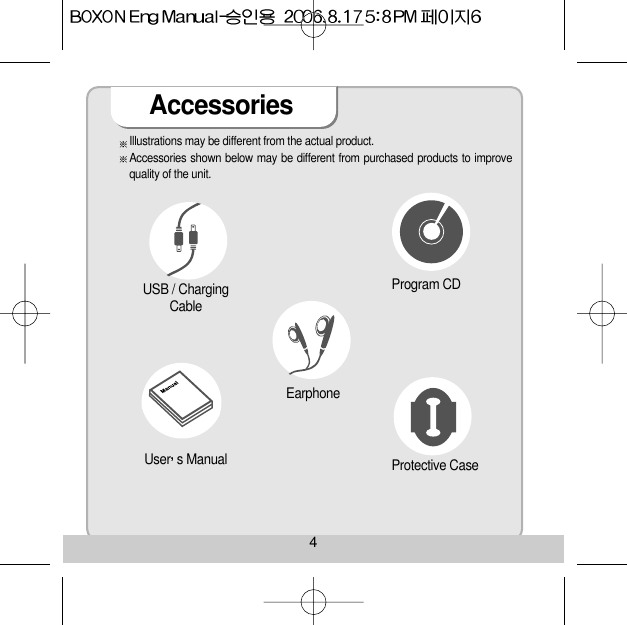 AccessoriesUSB / ChargingCable Earphone Protective CaseUser s Manual Program CD Illustrations may be different from the actual product.Accessories shown below may be different from purchased products to improvequality of the unit.4