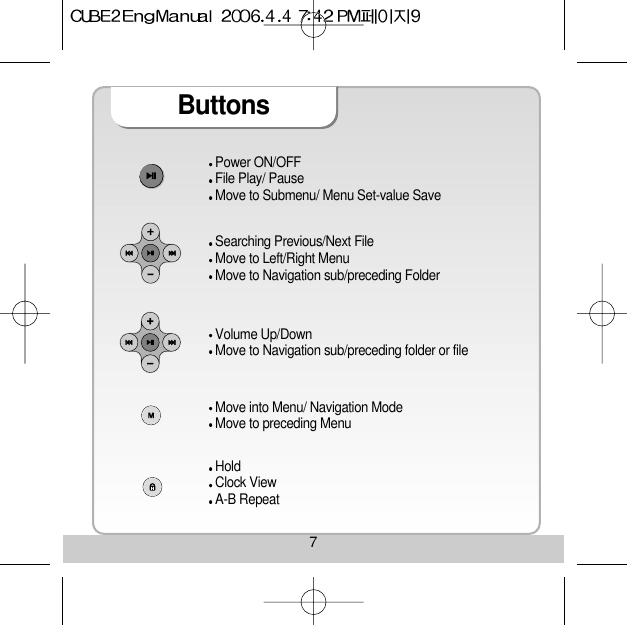 7ButtonsPower ON/OFF File Play/ Pause Move to Submenu/ Menu Set-value Save Volume Up/Down Move to Navigation sub/preceding folder or file Move into Menu/ Navigation Mode Move to preceding Menu Hold Clock View A-B Repeat Searching Previous/Next File Move to Left/Right Menu Move to Navigation sub/preceding Folder 