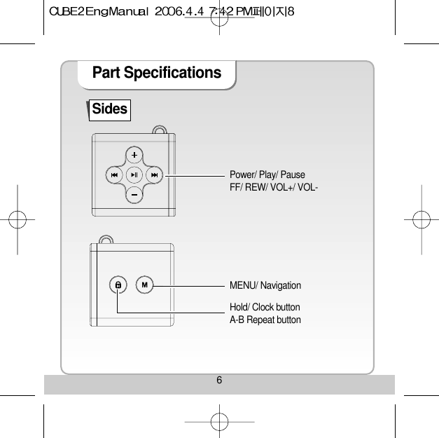 6Part Specifications Power/ Play/ Pause FF/ REW/ VOL+/ VOL-MENU/ Navigation Hold/ Clock button A-B Repeat buttonSides