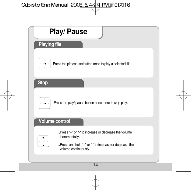 14Play/ PausePlaying file StopVolume control Press the play/pause button once to play a selected file. Press the play/ pause button once more to stop play. Press “+” or “-“ to increase or decrease the volumeincrementally.Press and hold “+” or “-“ to increase or decrease thevolume continuously.