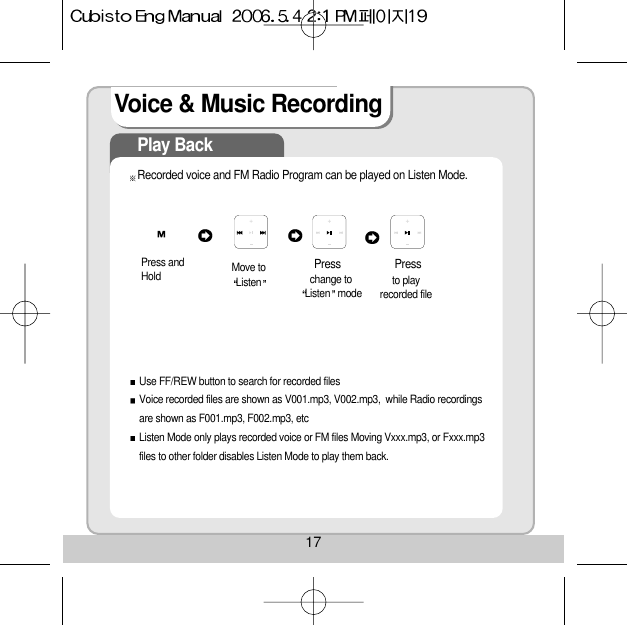 17Voice &amp; Music RecordingPlay BackRecorded voice and FM Radio Program can be played on Listen Mode.Use FF/REW button to search for recorded filesVoice recorded files are shown as V001.mp3, V002.mp3,  while Radio recordingsare shown as F001.mp3, F002.mp3, etcListen Mode only plays recorded voice or FM files Moving Vxxx.mp3, or Fxxx.mp3files to other folder disables Listen Mode to play them back.Press andHold  Move toListen change to       Listen mode      to play recorded filePress Press 