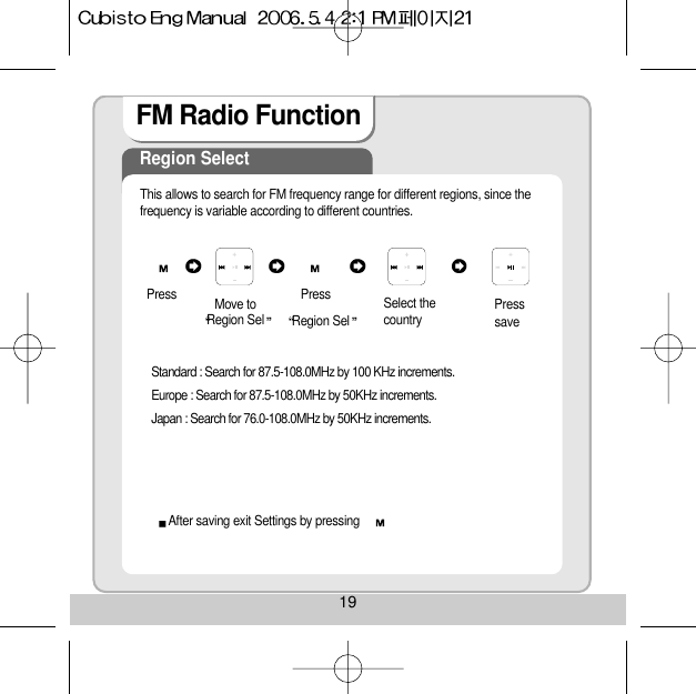 19FM Radio Function Region SelectThis allows to search for FM frequency range for different regions, since thefrequency is variable according to different countries.Standard : Search for 87.5-108.0MHz by 100 KHz increments.Europe : Search for 87.5-108.0MHz by 50KHz increments.Japan : Search for 76.0-108.0MHz by 50KHz increments.After saving exit Settings by pressing Press Move toRegion Sel Region SelSelect thecountry  PressPresssave