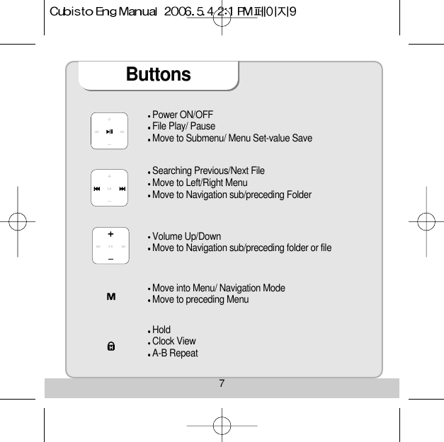 7ButtonsPower ON/OFF File Play/ Pause Move to Submenu/ Menu Set-value Save Volume Up/Down Move to Navigation sub/preceding folder or file Move into Menu/ Navigation Mode Move to preceding Menu Hold Clock View A-B Repeat Searching Previous/Next File Move to Left/Right Menu Move to Navigation sub/preceding Folder 