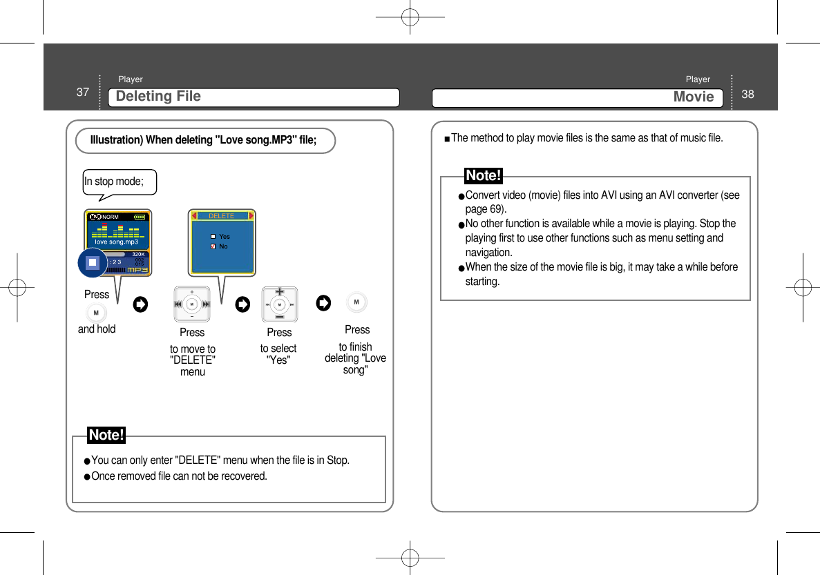 37 Deleting File Player38MoviePlayerIn stop mode; to move to&quot;DELETE&quot;menu Press Pressto finishdeleting &quot;Lovesong&quot; to select&quot;Yes&quot;PressIllustration) When deleting &quot;Love song.MP3&quot; file; You can only enter &quot;DELETE&quot; menu when the file is in Stop. Once removed file can not be recovered. Convert video (movie) files into AVI using an AVI converter (seepage 69). No other function is available while a movie is playing. Stop theplaying first to use other functions such as menu setting andnavigation. When the size of the movie file is big, it may take a while beforestarting.  The method to play movie files is the same as that of music file. Press and hold Note!Note!