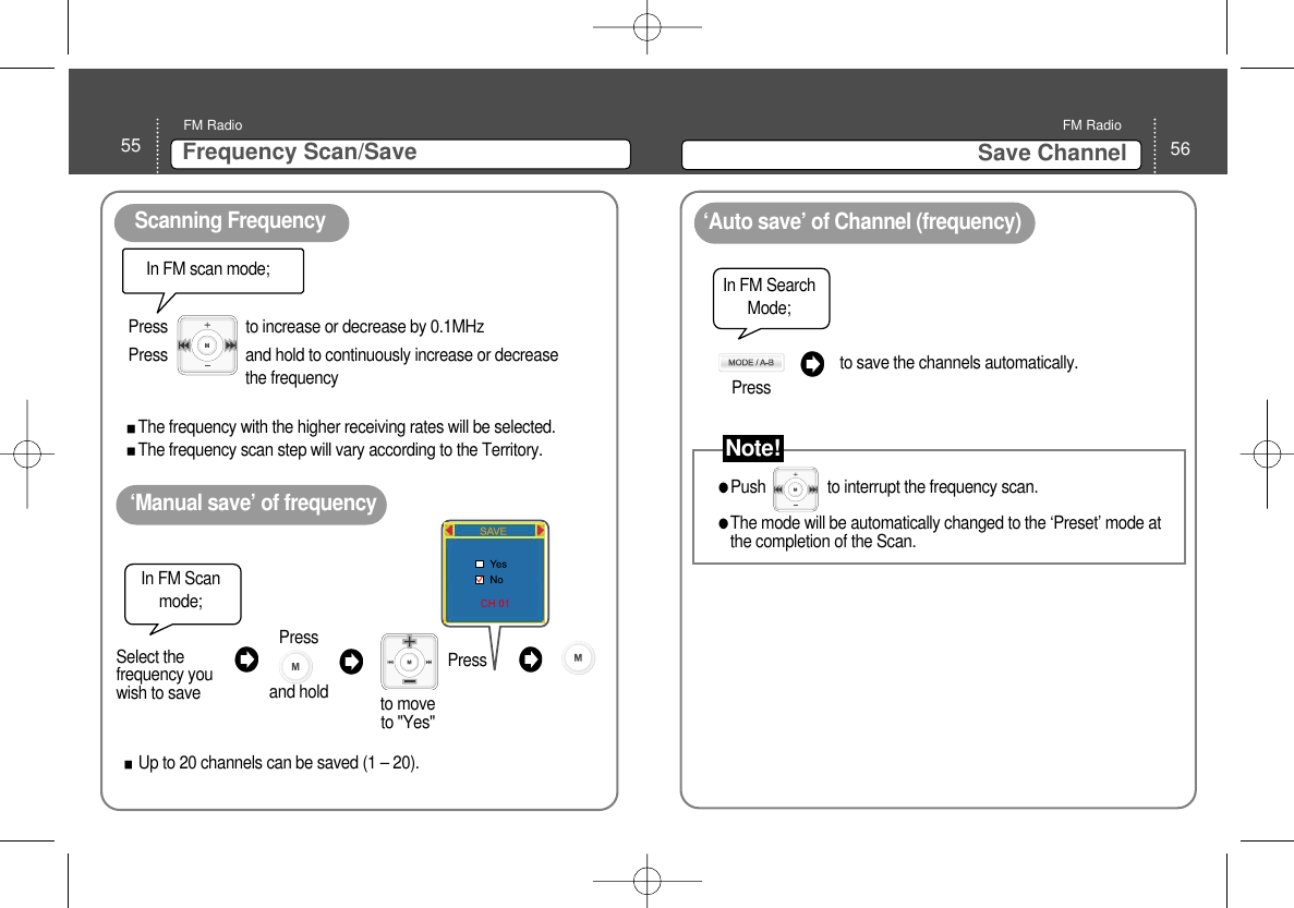 56Save Channel FM Radio55 Frequency Scan/Save FM RadioIn FM scan mode; Press                   to increase or decrease by 0.1MHzPress                   and hold to continuously increase or decreasethe frequencyThe frequency with the higher receiving rates will be selected. The frequency scan step will vary according to the Territory. ‘Manual save’ of frequencyto moveto &quot;Yes&quot;Up to 20 channels can be saved (1 – 20).  Scanning Frequency   ‘Auto save’ of Channel (frequency)Push               to interrupt the frequency scan.The mode will be automatically changed to the ‘Preset’ mode atthe completion of the Scan.Press In FM SearchMode;Press to save the channels automatically. Select thefrequency youwish to saveIn FM Scanmode;Press and hold Note!