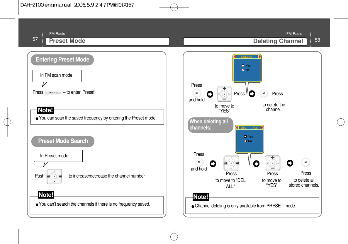 58Deleting Channel FM Radio57 Preset ModeFM RadioIn FM scan mode; You can scan the saved frequency by entering the Preset mode. Preset Mode SearchIn Preset mode;You can’t search the channels if there is no frequency saved.  to move to“YES” Press When deleting allchannels; Entering Preset ModePress                  – to enter ‘Preset’to delete thechannel. to move to“YES” Press to delete allstored channels. to move to &quot;DELALL&quot;  Press Press Press Channel deleting is only available from PRESET mode. Note!Push                   – to increase/decrease the channel numberNote! Note!Press and hold Press and hold 