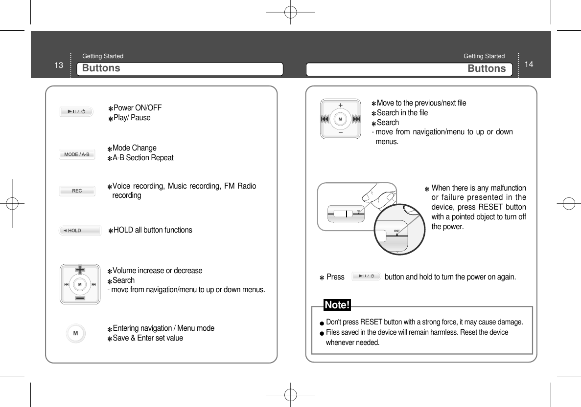 14ButtonsGetting Started 13 ButtonsGetting Started Power ON/OFFPlay/ PauseMode ChangeA-B Section Repeat Voice recording, Music recording, FM RadiorecordingEntering navigation / Menu mode Save &amp; Enter set value Volume increase or decrease Search- move from navigation/menu to up or down menus. Move to the previous/next file Search in the fileSearch- move from navigation/menu to up or downmenus. HOLD all button functions Don&apos;t press RESET button with a strong force, it may cause damage. Files saved in the device will remain harmless. Reset the devicewhenever needed. When there is any malfunctionor failure presented in thedevice, press RESET buttonwith a pointed object to turn offthe power. Press                      button and hold to turn the power on again.  Note!