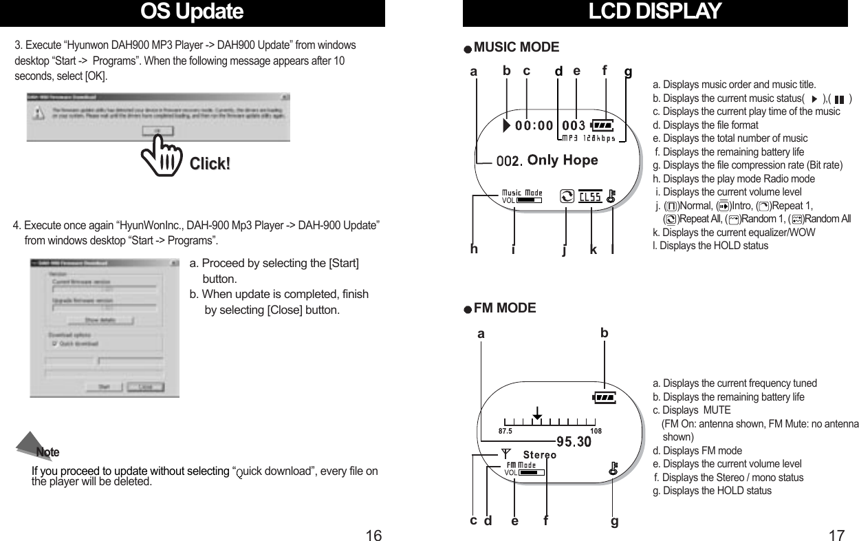 LCD DISPLAY17MUSIC MODEa. Displays music order and music title.b. Displays the current music status(       ),(       )c. Displays the current play time of the music d. Displays the file formate. Displays the total number of musicf. Displays the remaining battery lifeg. Displays the file compression rate (Bit rate)h. Displays the play mode Radio modei. Displays the current volume levelj. (    )Normal, (    )Intro, (    )Repeat 1, (     )Repeat All, (     )Random 1, (     )Random Allk. Displays the current equalizer/WOWl. Displays the HOLD statusabcefhia. Displays the current frequency tunedb. Displays the remaining battery lifec. Displays  MUTE(FM On: antenna shown, FM Mute: no antenna  shown)d. Displays FM modee. Displays the current volume levelf. Displays the Stereo / mono statusg. Displays the HOLD statusjk lFM MODEabcefgdgdOS Update16a. Proceed by selecting the [Start] button.b. When update is completed, finish by selecting [Close] button.If you proceed to update without selecting “ uick download”, every file onthe player will be deleted.Note3. Execute “Hyunwon DAH900 MP3 Player -&gt; DAH900 Update” from windowsdesktop “Start -&gt;  Programs”. When the following message appears after 10seconds, select [OK].Click!Click!4. Execute once again “HyunWonInc., DAH-900 Mp3 Player -&gt; DAH-900 Update” from windows desktop “Start -&gt; Programs”.