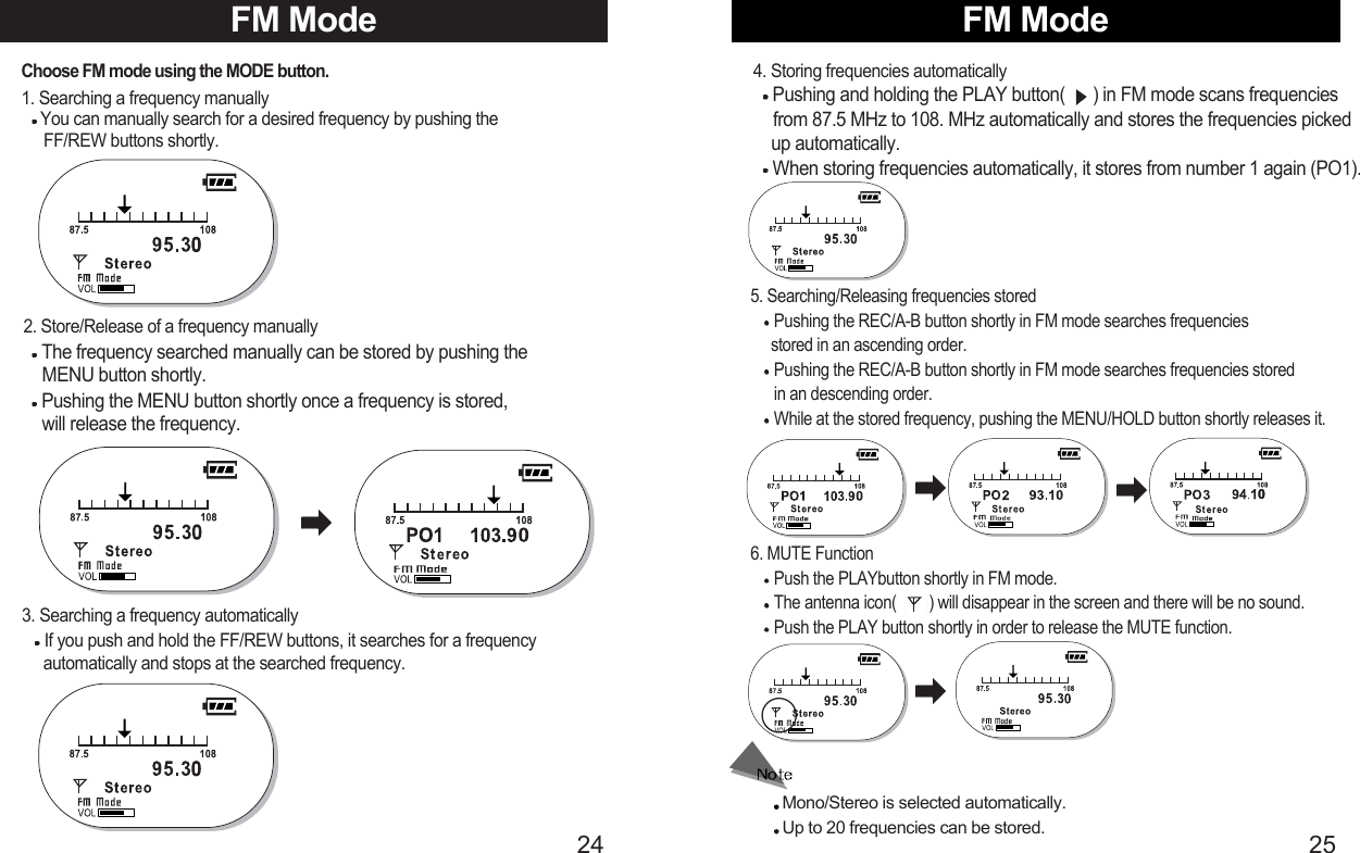 FM Mode25FM Mode244. Storing frequencies automaticallyPushing and holding the PLAY button(      ) in FM mode scans frequencies from 87.5 MHz to 108. MHz automatically and stores the frequencies picked up automatically.When storing frequencies automatically, it stores from number 1 again (PO1).6. MUTE FunctionPush the PLAYbutton shortly in FM mode.The antenna icon(        ) will disappear in the screen and there will be no sound.Push the PLAY button shortly in order to release the MUTE function.5. Searching/Releasing frequencies storedPushing the REC/A-B button shortly in FM mode searches frequencies    stored in an ascending order.Pushing the REC/A-B button shortly in FM mode searches frequencies stored in an descending order.While at the stored frequency, pushing the MENU/HOLD button shortly releases it.Choose FM mode using the MODE button.1. Searching a frequency manuallyYou can manually search for a desired frequency by pushing the FF/REW buttons shortly.2. Store/Release of a frequency manuallyThe frequency searched manually can be stored by pushing the MENU button shortly. Pushing the MENU button shortly once a frequency is stored, will release the frequency.3. Searching a frequency automaticallyIf you push and hold the FF/REW buttons, it searches for a frequency automatically and stops at the searched frequency. Mono/Stereo is selected automatically. Up to 20 frequencies can be stored.