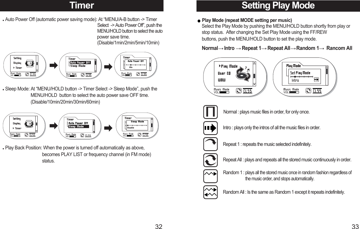 33Timer32Auto Power Off (automatic power saving mode): At “MENU/A-B button -&gt; Timer Select  -&gt; Auto Power Off”, push the MENU/HOLD button to select the auto power save time. (Disable/1min/2min/5min/10min)Sleep Mode: At “MENU/HOLD button -&gt; Timer Select -&gt; Sleep Mode”, push the  MENU/HOLD  button to select the auto power save OFF time.   (Disable/10min/20min/30min/60min)             Play Back Position: When the power is turned off automatically as above, becomes PLAY LIST or frequency channel (in FM mode) status.Setting Play Mode Play Mode (repeat MODE setting per music)Select the Play Mode by pushing the MENU/HOLD button shortly from play or stop status.  After changing the Set Play Mode using the FF/REW buttons, push the MENU/HOLD button to set the play mode.Normal Intro  Repeat 1 Repeat All Random 1 Rancom AllNormal : plays music files in order, for only once.Intro : plays only the intros of all the music files in order.Repeat 1 : repeats the music selected indefinitely.Repeat All : plays and repeats all the stored music continuously in order.Random 1 : plays all the stored music once in random fashion regardless of the music order, and stops automatically.Random All : Is the same as Random 1 except it repeats indefinitely.Disable