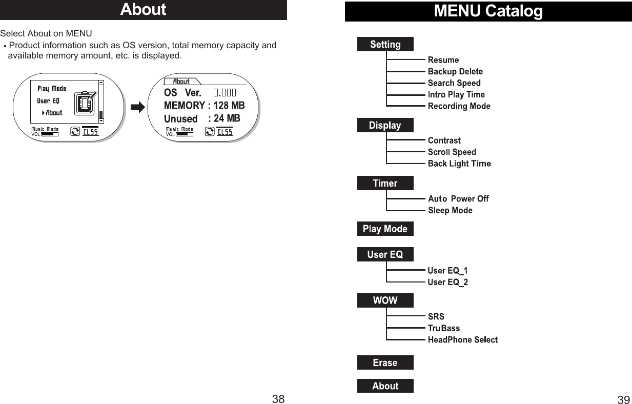 MENU Catalog39About38Select About on MENUProduct information such as OS version, total memory capacity and available memory amount, etc. is displayed.