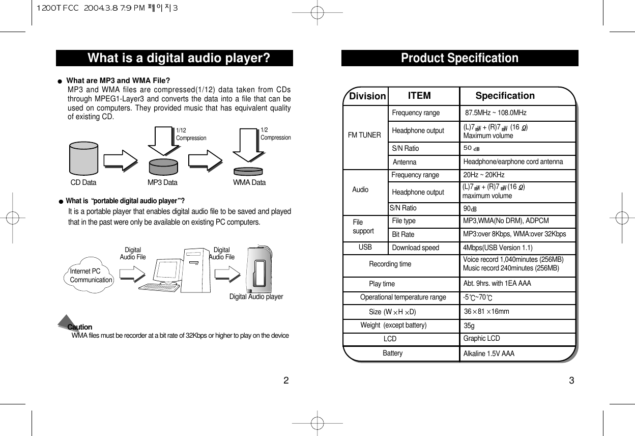 Product SpecificationWhat is a digital audio player?2What are MP3 and WMA File?MP3 and WMA files are compressed(1/12) data taken from CDsthrough MPEG1-Layer3 and converts the data into a file that can beused on computers. They provided music that has equivalent qualityof existing CD.What is  portable digital audio player ?It is a portable player that enables digital audio file to be saved and playedthat in the past were only be available on existing PC computers.Caution WMA files must be recorder at a bit rate of 32Kbps or higher to play on the device Internet PCCommunicationDigital Audio File Digital Audio FileDigital Audio player3FM TUNERDivision ITEM SpecificationAudioFilesupportRecording timePlay timeBatterySize 36 81 16mm(W HD) (except battery)  35gWeightLCD Graphic LCDOperational temperature rangeUSB File type MP3,WMA(No DRM), ADPCM MP3:over 8Kbps, WMA:over 32KbpsBit RateDownload speed 4Mbps(USB Version 1.1)Voice record 1,040minutes (256MB)Music record 240minutes (256MB)-5 ~70Alkaline 1.5V AAAAbt. 9hrs. with 1EA AAA Frequency range 87.5MHz ~ 108.0MHz20Hz ~ 20KHz(L)7 + (R)7 (16 ) Maximum volume(L)7 + (R)7 (16 )maximum volume5090Headphone/earphone cord antennaHeadphone outputHeadphone outputS/N RatioAntennaFrequency rangeS/N RatioCD Data MP3 Data1/12CompressionWMA Data1/2Compression