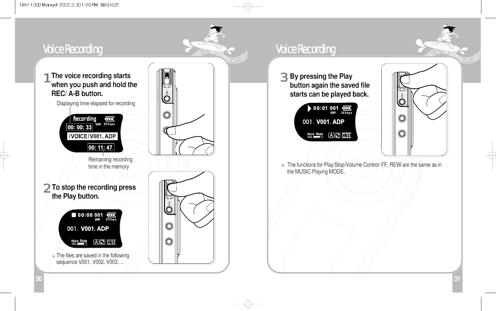 31130 32Voice RecordingBy pressing the Playbutton again the saved filestarts can be played back.3The functions for Play/Stop/Volume Control/ FF, REW are the same as inthe MUSIC Playing MODE.31Voice RecordingThe voice recording startswhen you push and hold theREC/ A-B button.1To stop the recording pressthe Play button.2Remaining recordingtime in the memoryDisplaying time elapsed for recording The files are saved in the followingsequence V001, V002, V003….