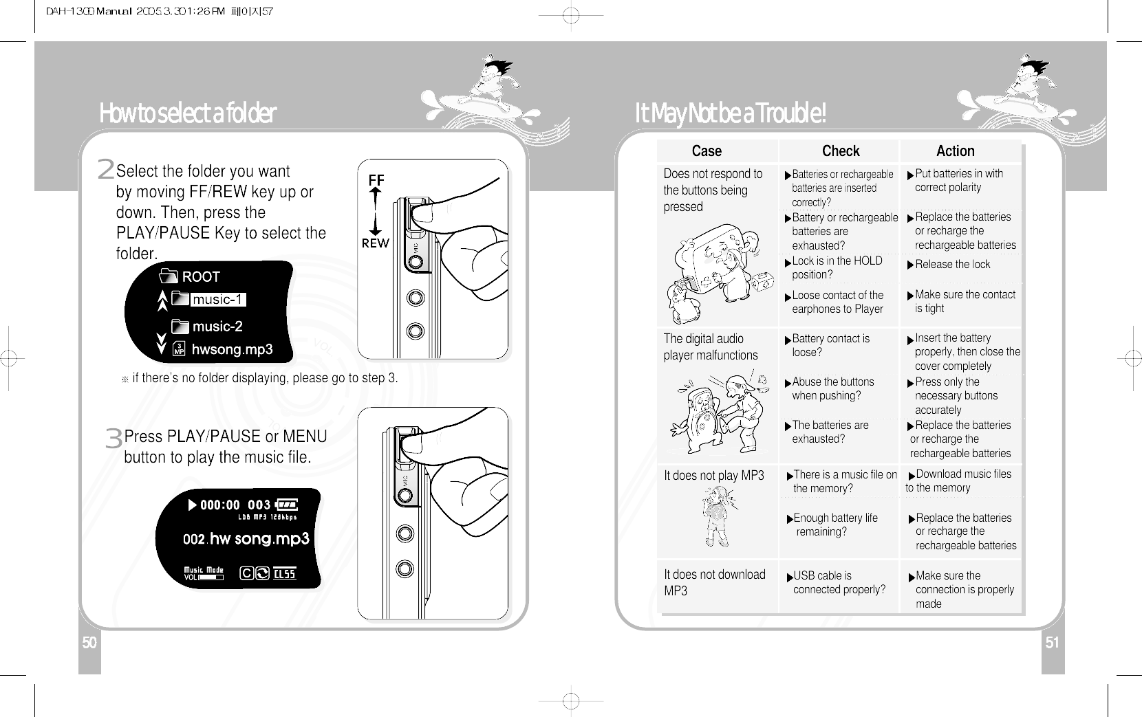 150How to select a folderSelect the folder you want by moving FF/REW key up ordown. Then, press thePLAY/PAUSE Key to select thefolder.if there’s no folder displaying, please go to step 3.2Press PLAY/PAUSE or MENUbutton to play the music file.351It May Not be a Trouble!Put batteries in withcorrect polarityReplace the batteriesor recharge therechargeable batteriesRelease the lockMake sure the contactis tightInsert the batteryproperly, then close thecover completelyPress only thenecessary buttonsaccuratelyReplace the batteries  or recharge the rechargeable batteriesBatteries or rechargeablebatteries are insertedcorrectly?Battery or rechargeablebatteries areexhausted?Lock is in the HOLDposition?Loose contact of theearphones to PlayerBattery contact isloose?Abuse the buttonswhen pushing?The batteries areexhausted?Does not respond tothe buttons beingpressedThe digital audioplayer malfunctionsCase Check ActionDownload music filesto the memoryReplace the batteriesor recharge therechargeable batteriesMake sure theconnection is properlymadeThere is a music file onthe memory?Enough battery life remaining?USB cable isconnected properly?It does not play MP3 It does not downloadMP3 