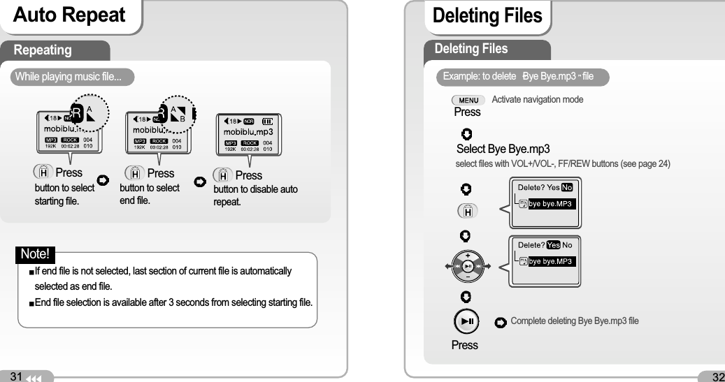 31RepeatingIf end file is not selected, last section of current file is automaticallyselected as end file.End file selection is available after 3 seconds from selecting starting file.PressAuto Repeatbutton to selectstarting file.PressWhile playing music file...button to selectend file. Pressbutton to disable autorepeat.32Deleting FilesDeleting FilesExample: to delete  Bye Bye.mp3 filePressActivate navigation modeSelect Bye Bye.mp3select files with VOL+/VOL-, FF/REW buttons (see page 24)PressComplete deleting Bye Bye.mp3 fileNote!