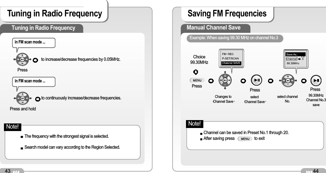 43Tuning in Radio FrequencyTuning in Radio FrequencyThe frequency with the strongest signal is selected. Search model can vary according to the Region Selected.Pressto increase/decrease frequencies by 0.05MHz. in FM scan mode ...Press and hold to continuously increase/decrease frequencies. in FM scan mode ...44Saving FM Frequencies Manual Channel Save Example: When saving 99.30 MHz on channel No.3 Choice99.30MHzPressChanges toChannel SaveselectChannel Saveselect channelNo.99.30MHzChannel No.3saveChannel can be saved in Preset No.1 through 20.After saving press                   to exitPress PressNote!Note!