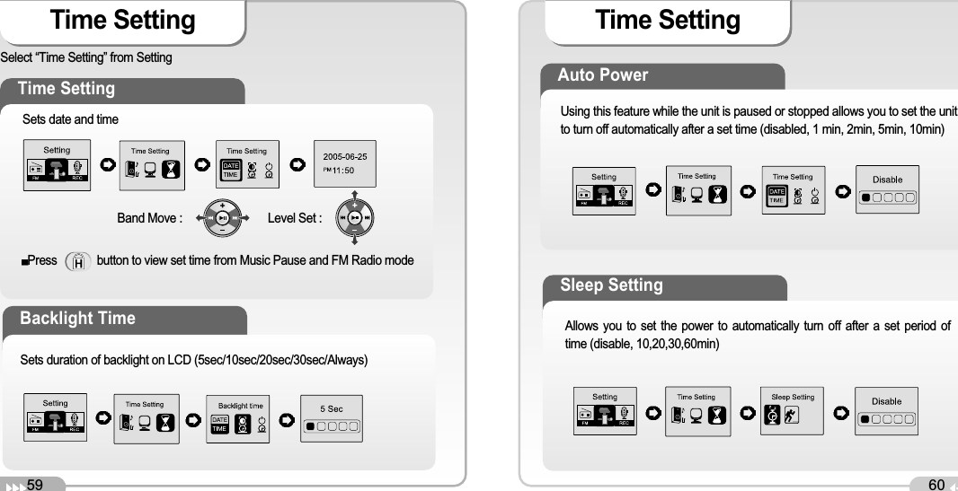 59Time Setting60Time SettingSelect “Time Setting” from SettingTime SettingSets date and timeBand Move :                            Level Set : Press             button to view set time from Music Pause and FM Radio modeBacklight TimeSets duration of backlight on LCD (5sec/10sec/20sec/30sec/Always)Auto PowerUsing this feature while the unit is paused or stopped allows you to set the unitto turn off automatically after a set time (disabled, 1 min, 2min, 5min, 10min)Sleep SettingAllows you to set the power to automatically turn off after a set period oftime (disable, 10,20,30,60min)