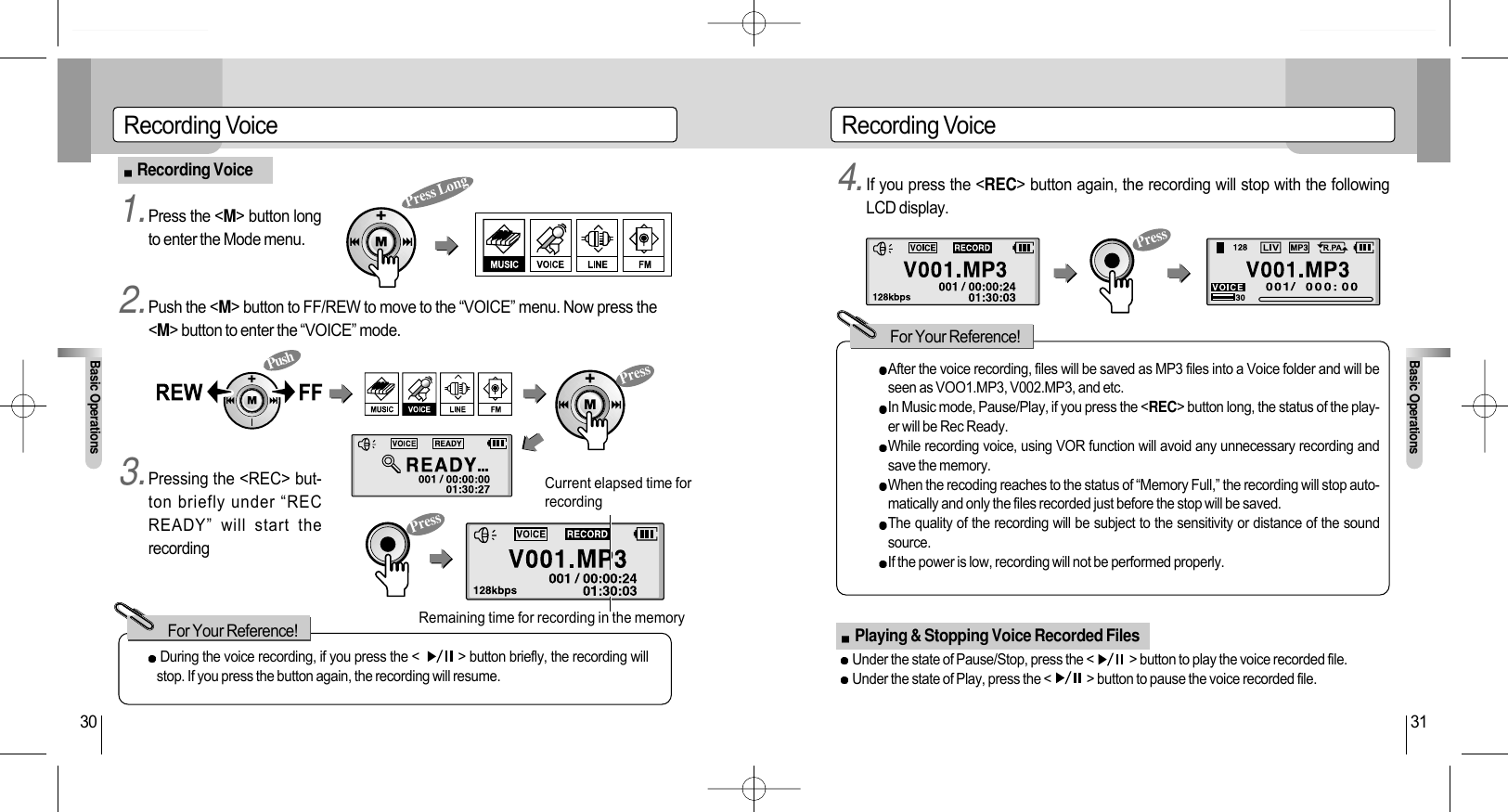 Recording VoiceBasic Operations314.If you press the &lt;REC&gt; button again, the recording will stop with the followingLCD display.Recording VoiceBasic Operations30Recording VoiceAfter the voice recording, files will be saved as MP3 files into a Voice folder and will beseen as VOO1.MP3, V002.MP3, and etc.In Music mode, Pause/Play, if you press the &lt;REC&gt; button long, the status of the play-er will be Rec Ready. While recording voice, using VOR function will avoid any unnecessary recording andsave the memory. When the recoding reaches to the status of “Memory Full,” the recording will stop auto-matically and only the files recorded just before the stop will be saved. The quality of the recording will be subject to the sensitivity or distance of the soundsource.If the power is low, recording will not be performed properly.For Your Reference!During the voice recording, if you press the &lt;           &gt; button briefly, the recording willstop. If you press the button again, the recording will resume.1.Press the &lt;M&gt; button longto enter the Mode menu. 2.Push the &lt;M&gt; button to FF/REW to move to the “VOICE” menu. Now press the&lt;M&gt; button to enter the “VOICE” mode.3.Pressing the &lt;REC&gt; but-ton briefly under “RECREADY” will start therecordingFor Your Reference!Current elapsed time forrecordingRemaining time for recording in the memory Playing &amp; Stopping Voice Recorded FilesUnder the state of Pause/Stop, press the &lt;             &gt; button to play the voice recorded file.Under the state of Play, press the &lt;             &gt; button to pause the voice recorded file.Press LongPressPress PressPush