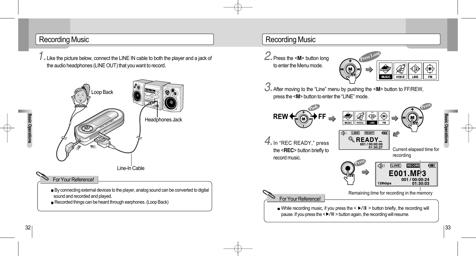 Recording MusicBasic Operations33Recording MusicBasic Operations32PUSHHeadphones JackLine-In CableBy connecting external devices to the player, analog sound can be converted to digitalsound and recorded and played.Recorded things can be heard through earphones. (Loop Back)For Your Reference!Press LongLoop BackWhile recording music, if you press the &lt;          &gt; button briefly, the recording willpause. If you press the &lt;            &gt; button again, the recording will resume.For Your Reference!Current elapsed time forrecordingRemaining time for recording in the memory1.Like the picture below, connect the LINE IN cable to both the player and a jack ofthe audio headphones (LINE OUT) that you want to record. 2.Press the &lt;M&gt; button longto enter the Menu mode.4.In “REC READY,” pressthe &lt;REC&gt; button briefly torecord music.3.After moving to the “Line” menu by pushing the &lt;M&gt; button to FF/REW,press the &lt;M&gt; button to enter the “LINE” mode.PressPressPush