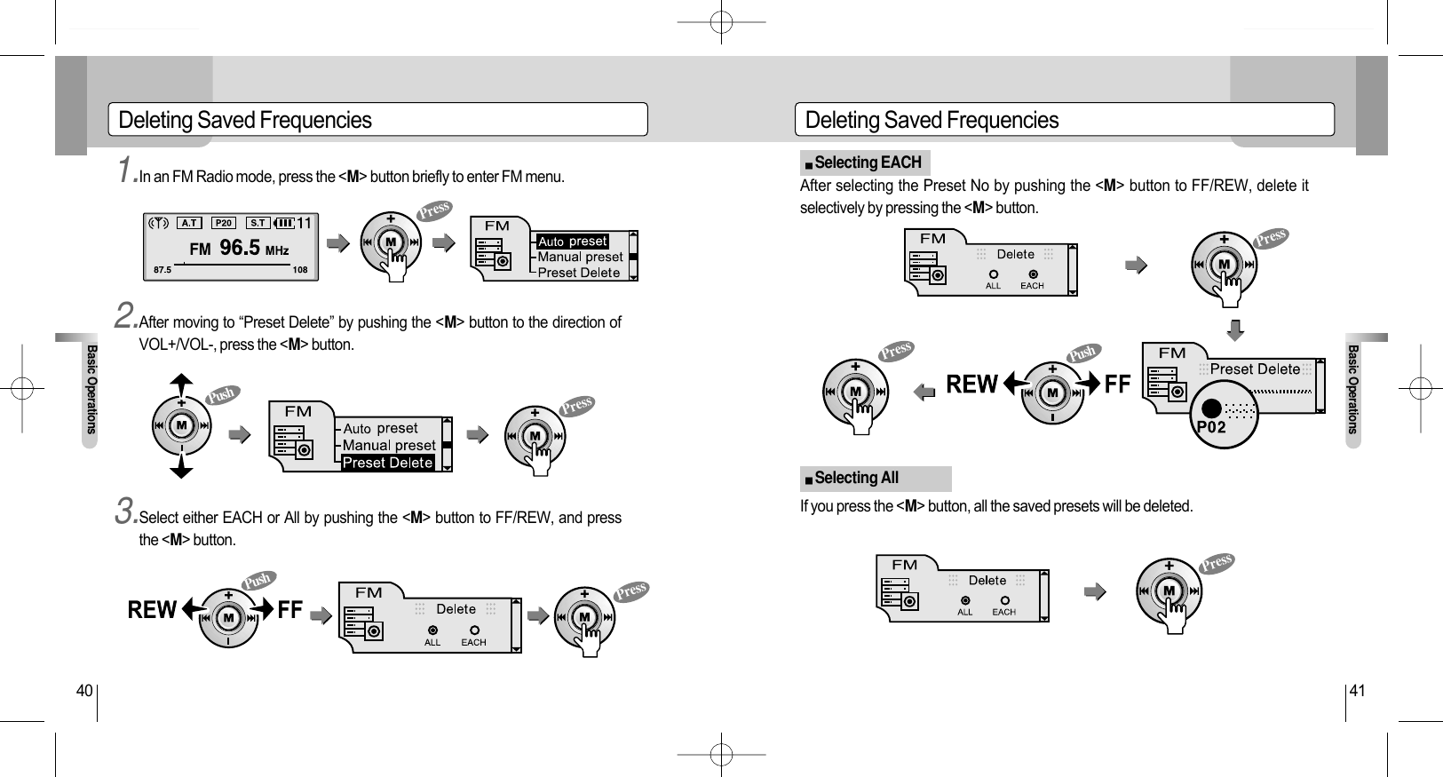 Deleting Saved FrequenciesBasic Operations41Selecting EACHSelecting AllDeleting Saved FrequenciesBasic Operations401.In an FM Radio mode, press the &lt;M&gt; button briefly to enter FM menu. After selecting the Preset No by pushing the &lt;M&gt; button to FF/REW, delete itselectively by pressing the &lt;M&gt; button.If you press the &lt;M&gt; button, all the saved presets will be deleted.2.After moving to “Preset Delete” by pushing the &lt;M&gt; button to the direction ofVOL+/VOL-, press the &lt;M&gt; button.3.Select either EACH or All by pushing the &lt;M&gt; button to FF/REW, and pressthe &lt;M&gt; button.PressPressPressPressPressPressPushPushPush