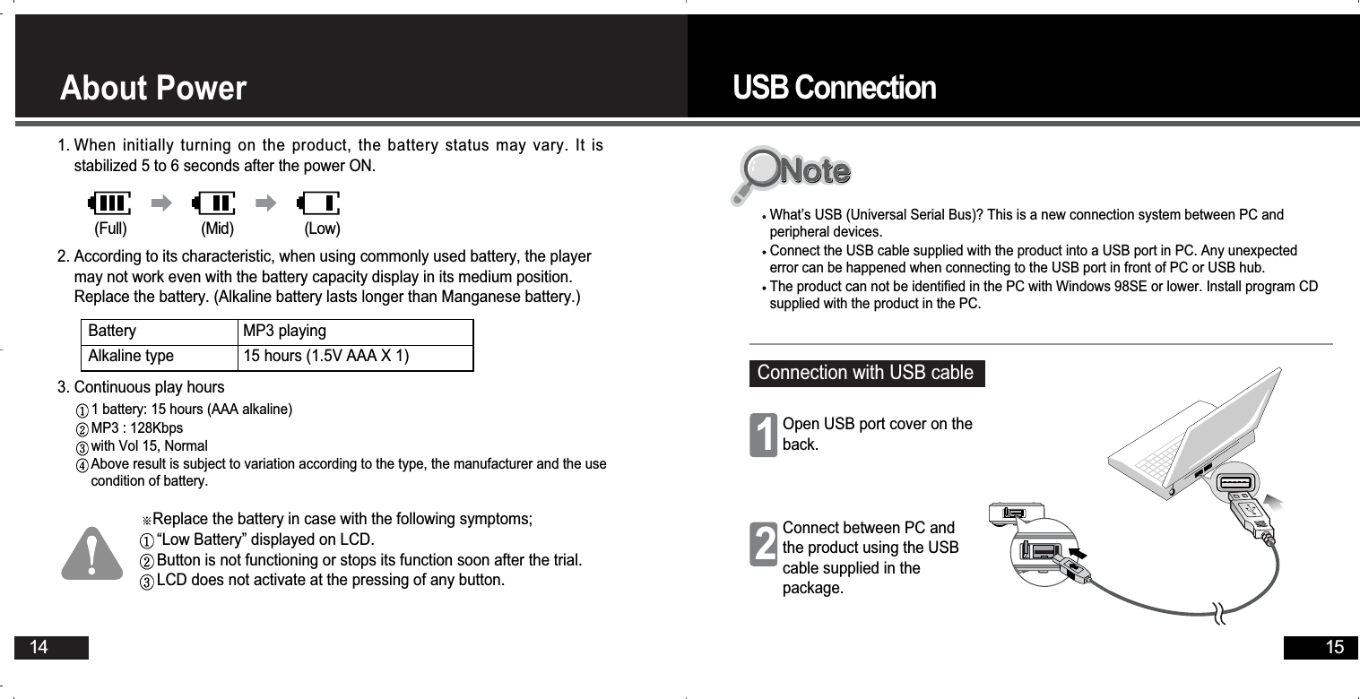 14About Power1. When initially turning on the product, the battery status may vary. It isstabilized 5 to 6 seconds after the power ON.2. According to its characteristic, when using commonly used battery, the playermay not work even with the battery capacity display in its medium position.Replace the battery. (Alkaline battery lasts longer than Manganese battery.)3. Continuous play hoursReplace the battery in case with the following symptoms;“Low Battery” displayed on LCD.Button is not functioning or stops its function soon after the trial.LCD does not activate at the pressing of any button.1 battery: 15 hours (AAA alkaline) MP3 : 128Kbpswith Vol 15, Normal Above result is subject to variation according to the type, the manufacturer and the usecondition of battery. (Full) (Mid) (Low)BatteryAlkaline typeMP3 playing15 hours (1.5V AAA X 1)USB Connection 15Connection with USB cableWhat’s USB (Universal Serial Bus)? This is a new connection system between PC andperipheral devices.Connect the USB cable supplied with the product into a USB port in PC. Any unexpectederror can be happened when connecting to the USB port in front of PC or USB hub. The product can not be identified in the PC with Windows 98SE or lower. Install program CDsupplied with the product in the PC. Open USB port cover on theback.1Connect between PC andthe product using the USBcable supplied in thepackage.2