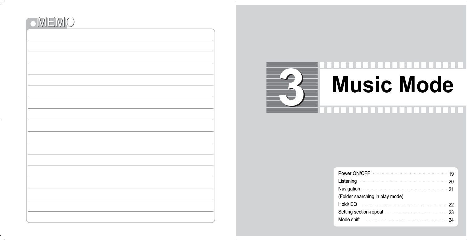 Music Mode33Power ON/OFFListeningNavigation(Folder searching in play mode)Hold/ EQ Setting section-repeatMode shift 192021222324MEMOMEMO