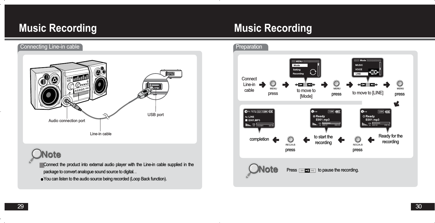 30Music RecordingMusic Recording29Connecting Line-in cableLine-in cableAudio connection port USB portConnect the product into external audio player with the Line-in cable supplied in thepackage to convert analogue sound source to digital. . You can listen to the audio source being recorded (Loop Back function).Preparationpress to move to[Mode]ConnectLine-incable to move to [LINE]press pressReady for therecordingto start therecordingcompletionpresspress128KPress                    to pause the recording.