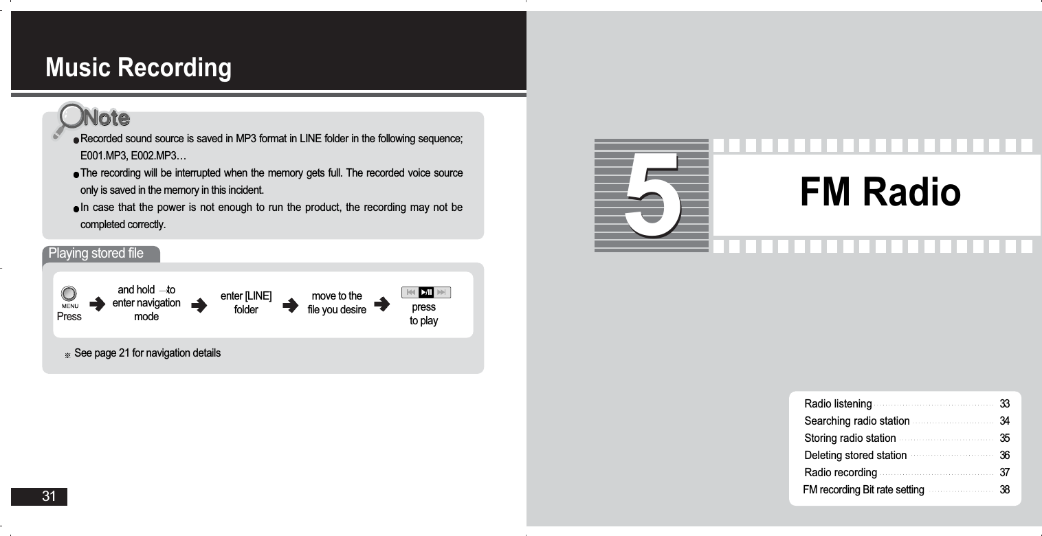Music Recording 31Playing stored filePressRecorded sound source is saved in MP3 format in LINE folder in the following sequence;E001.MP3, E002.MP3…The recording will be interrupted when the memory gets full. The recorded voice sourceonly is saved in the memory in this incident. In case that the power is not enough to run the product, the recording may not becompleted correctly. and hold  toenter navigationmodeenter [LINE]foldermove to thefile you desire  pressto playSee page 21 for navigation details FM Radio55Radio listening Searching radio station Storing radio stationDeleting stored stationRadio recordingFM recording Bit rate setting333435363738