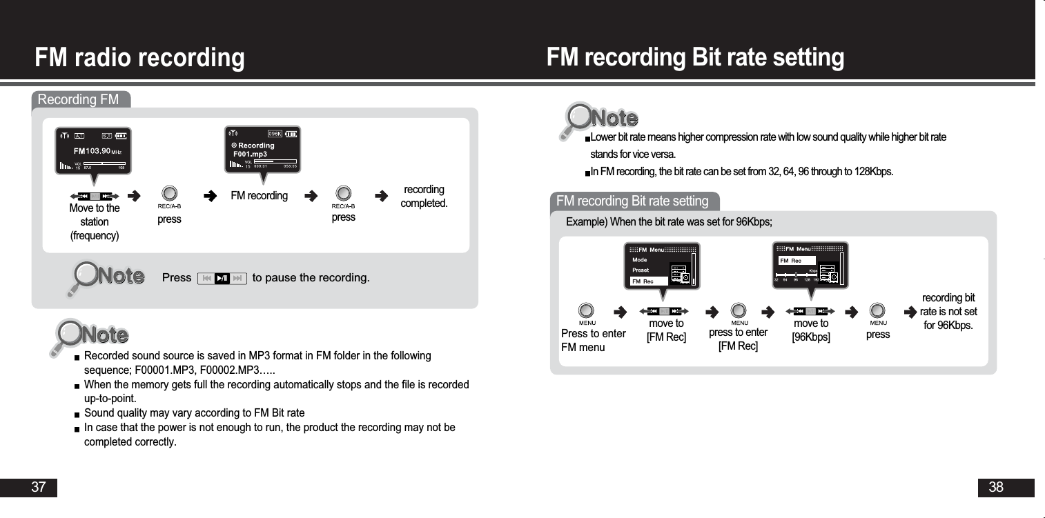 38FM radio recording37Recording FMMove to thestation(frequency)FM recording  recordingcompleted.press pressRecorded sound source is saved in MP3 format in FM folder in the followingsequence; F00001.MP3, F00002.MP3…..When the memory gets full the recording automatically stops and the file is recordedup-to-point.Sound quality may vary according to FM Bit rateIn case that the power is not enough to run, the product the recording may not becompleted correctly. Lower bit rate means higher compression rate with low sound quality while higher bit ratestands for vice versa. In FM recording, the bit rate can be set from 32, 64, 96 through to 128Kbps. FM recording Bit rate settingmove to [FM Rec] move to[96Kbps]Press to enterFM menu press to enter [FM Rec]pressrecording bitrate is not setfor 96Kbps.Example) When the bit rate was set for 96Kbps;Press                   to pause the recording.FM recording Bit rate setting