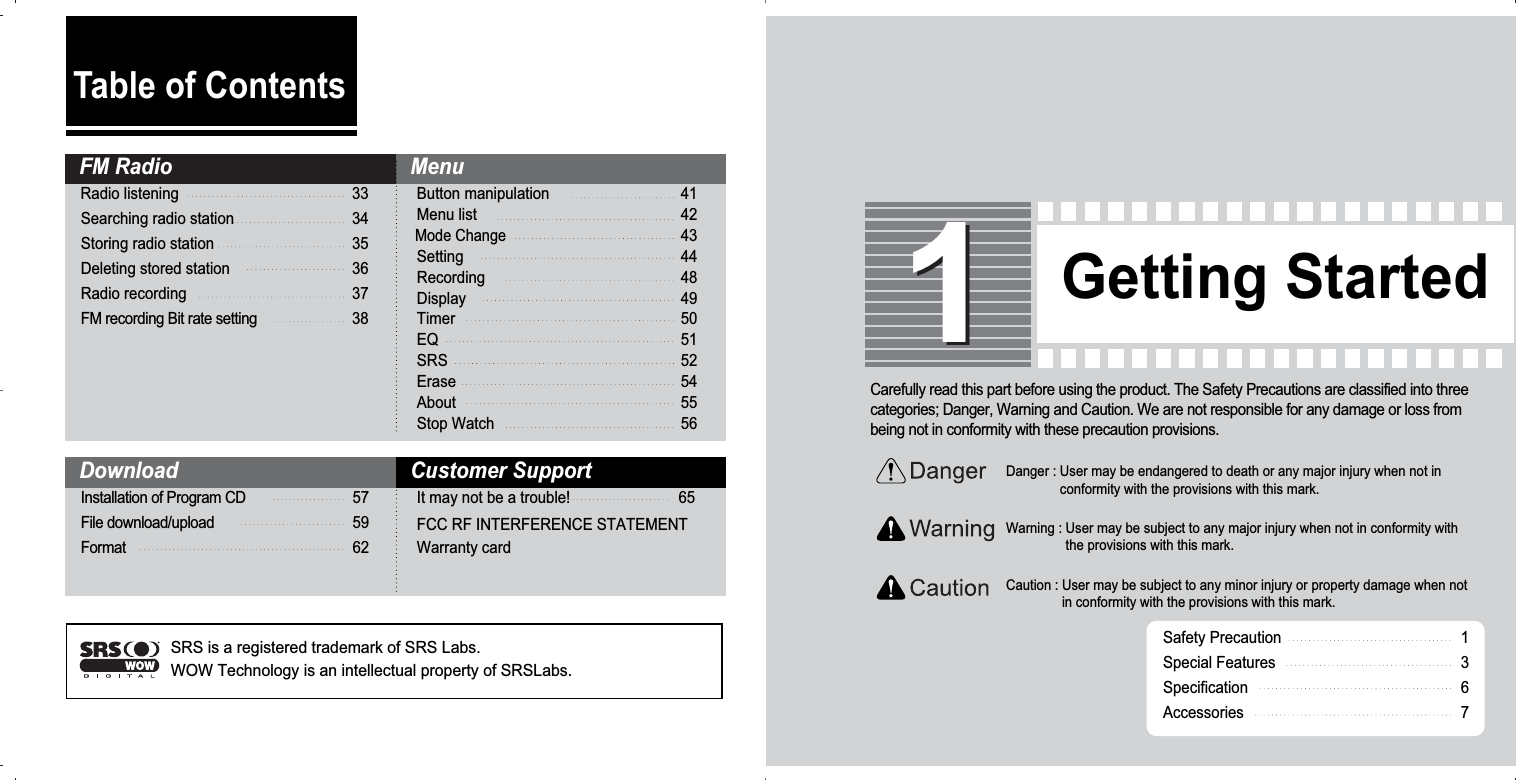 DownloadInstallation of Program CDFile download/uploadFormat575962Customer SupportIt may not be a trouble!FCC RF INTERFERENCE STATEMENTWarranty card 65FM RadioRadio listening Searching radio station Storing radio stationDeleting stored stationRadio recordingFM recording Bit rate setting333435363738MenuButton manipulationMenu listMode ChangeSettingRecordingDisplayTimerEQSRSEraseAboutStop Watch414243444849505152545556Getting Started 11Safety Precaution Special FeaturesSpecificationAccessories1367Carefully read this part before using the product. The Safety Precautions are classified into threecategories; Danger, Warning and Caution. We are not responsible for any damage or loss frombeing not in conformity with these precaution provisions. Danger : User may be endangered to death or any major injury when not inconformity with the provisions with this mark. Warning : User may be subject to any major injury when not in conformity withthe provisions with this mark. Caution : User may be subject to any minor injury or property damage when notin conformity with the provisions with this mark.SRS is a registered trademark of SRS Labs.WOW Technology is an intellectual property of SRSLabs.Table of Contents
