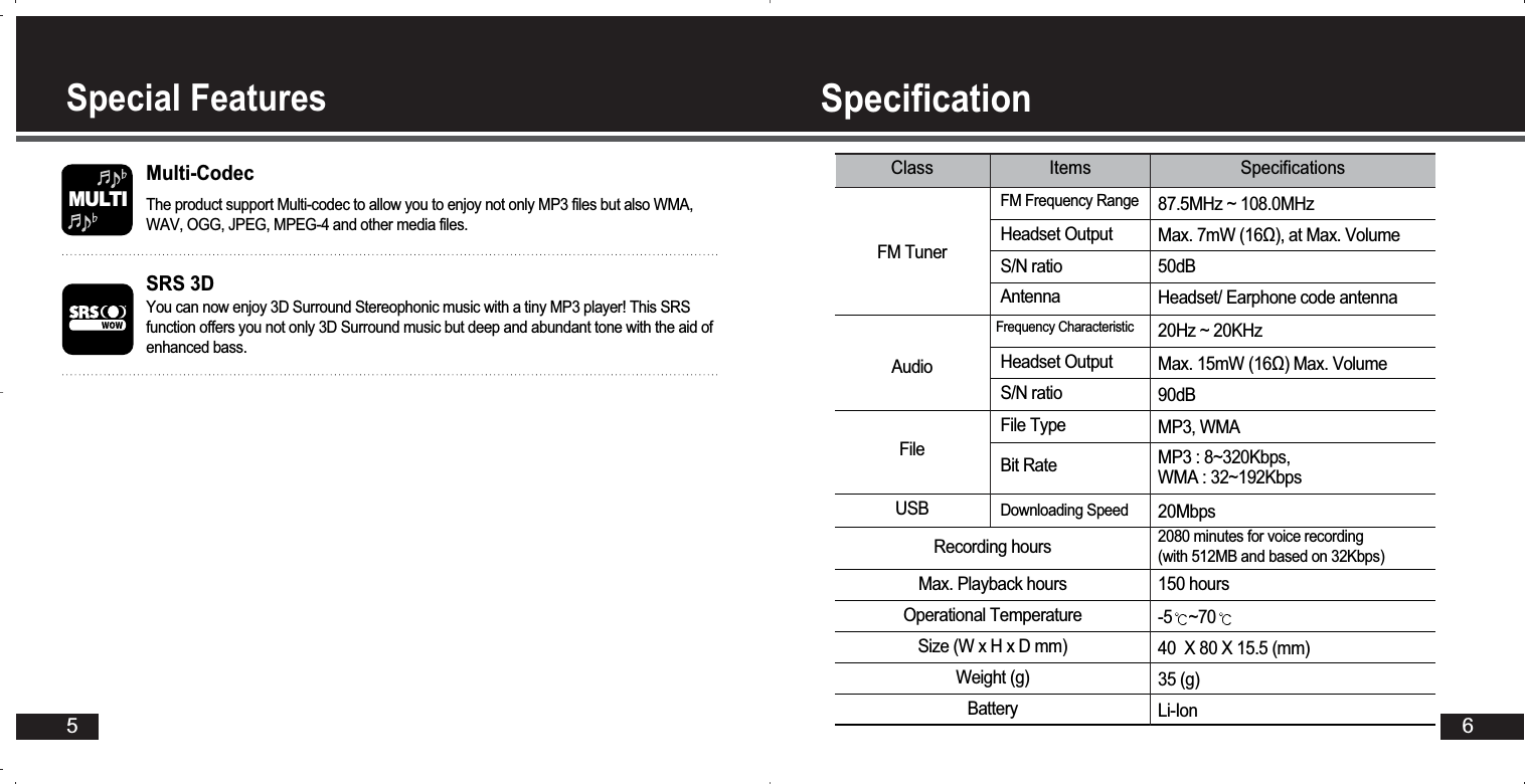 6SpecificationSpecial Features5Multi-CodecThe product support Multi-codec to allow you to enjoy not only MP3 files but also WMA,WAV, OGG, JPEG, MPEG-4 and other media files. MULTISRS 3DYou can now enjoy 3D Surround Stereophonic music with a tiny MP3 player! This SRSfunction offers you not only 3D Surround music but deep and abundant tone with the aid ofenhanced bass. ClassFM TunerAudioFileRecording hours Max. Playback hoursOperational TemperatureSize (W x H x D mm)Weight (g)BatteryUSBFM Frequency RangeHeadset OutputS/N ratioAntennaFrequency CharacteristicHeadset OutputS/N ratioFile TypeBit RateDownloading Speed 20Mbps150 hours-5 ~7040  X 80 X 15.5 (mm)35 (g)Li-Ion2080 minutes for voice recording(with 512MB and based on 32Kbps)87.5MHz ~ 108.0MHzMax. 7mW (16), at Max. Volume50dBHeadset/ Earphone code antenna20Hz ~ 20KHzMax. 15mW (16) Max. Volume90dBMP3, WMAMP3 : 8~320Kbps, WMA : 32~192KbpsItems Specifications