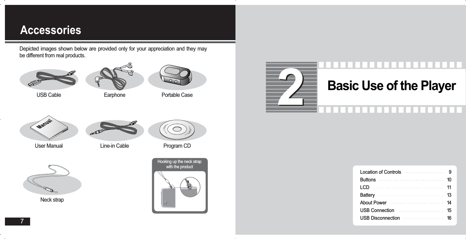 Accessories7USB Cable Earphone Portable CaseUser Manual  Line-in Cable Program CDNeck strapDepicted images shown below are provided only for your appreciation and they maybe different from real products.Hooking up the neck strapwith the productBasic Use of the Player229101113141516Location of ControlsButtonsLCDBatteryAbout PowerUSB ConnectionUSB Disconnection 