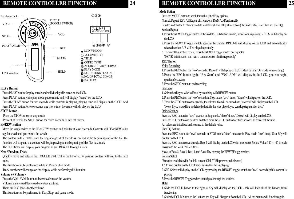 25REMOTE CONTROLLER FUNCTIONMode ButtonPress the MODE button to scroll through a list of Play options.Normal, Repeat, RPT All(Repeat all), Random, RAN AL(Random all).Press the mode button for &quot;two&quot; seconds to scroll through a list of Equalizer options (Flat, Rock, Latin, Dance, Jazz, and User EQ)Section Repeat1. Press the REW/FF toggle switch in the middle (Push button inward) while song is playing, RPT A- will display onthe LCD2. Press the REW/FF toggle switch again in the middle, RPT A-B will display on the LCD and automaticallyselected section A-B will be played repeatedly3. To cancel this section repeat, press the REW/FF toggle switch once quickly&quot;NOTE: this function is to hear a certain section of a file repeatedly&quot;REC ButtonVoice Recording1. Press the REC button for &quot;two&quot; seconds, &quot;Record&quot; will display on LCD. (Must be in STOP mode for recording.)2. Press the REC button again, &quot;Rec Start&quot; and &quot;V001.ADP&quot; will display in the LCD, you can beginspeaking/recording.3. Press the STOP button to end recordingFile Erase1. Select the file you wish to Erase by searching with REW/FF button.2. Press the REC button for &quot;two&quot; seconds in Stop mode, &quot;two&quot; times, &quot;Erase&quot; will display on the LCD.3. Press the STOP button once quickly, the selected file will be erased and &quot;succeed&quot; will display on the LCD.&quot;Note: If you would like to delete the last file that was played, you can skip step number two.&quot;Delete SettingsPress the REC button for &quot;two&quot; seconds in Stop mode, &quot;three&quot; times, &quot;Delete&quot; will display on the LCD.Press the REC button one quickly, and then press the STOP button for &quot;two&quot; seconds to power off the unit.All values are initialized and returned to the default value.User EQ SettingsPress the REC button for &quot;two&quot; seconds in STOP mode &quot;four&quot; times (or in Play mode &quot;one&quot; time), User EQ willdisplay on the LCD.Press the REC button once quickly, Bass 1 will display on the LCD with a set value. Set the Value (-15 ~ +15 in eachBass) with the Vol+ / Vol- buttons.Move to Bass 2, Bass 3, Bass 4, and Bass 5 by moving the REW/FF toggle switch.Section Select&quot;Function available with Audible content ONLY&quot;(Http:www.audible.com)1. &quot;A&quot; will display on the LCD when an Audible file is playing.2. SEC Select will display on the LCD by pressing the REW/FF toggle switch for &quot;two&quot; seconds (while content isplaying)3. Press the REW/FF Toggle switch to navigate through the sections.Hold1. Slide the HOLD button to the right, a Key will display on the LCD - this will lock all of the buttons fromfunctioning.2. Slide the HOLD button to the Left and the Key will disappear from the LCD - All the buttons will function again.24REMOTE CONTROLLER FUNCTIONPLAY ButtonPress PLAY button for play music and will display file name on the LCD. Press PLAY button while play mode pause music and will display &quot;Pause&quot; on the LCD.Press the PLAY button for two seconds while contents is playing, playing time will display on the LCD. AndPress PLAY button for two seconds one more time, file name will display on the LCDSTOP ButtonPress the STOP button to stop musicPower Off : Press the STOP button for &quot;two&quot; seconds to turn off playerFF/REW ButtonMove the toggle switch to the FF or REW position and hold for at least 2 seconds. Contents will FF or REW at 4xregular speed until you release the switch.The content will REW/FF until the beginning/end of the file is reached at the beginning/end of the file, thefunction will stop and the content will begin playing at the beginning of the file/ next track The LCD timer will display your progress as you REW/FF through a track.Next / Previous TrackQuickly move and release the TOGGLE SWITCH to the FF or REW position content will skip to the nexttrack.This function can be preformed while in Play or Stop mode.Track numbers will change on the display while performing this function.Volume + / Volume -Press the Vol +/ Vol- button to increase/decrease the volumeVolume is increased/decreased one step at a time.There are 0-30 levels for the volumeThis function can be preformed in Play, Stop, and pause mode.LCD WINDOWVOLUME(0~30)TITLECODEC TYPEAUDIBLE READY FORMATPLAY MODENO. OF SONG PLAYING  NO. OF TOTAL SONGSBATTERYEarphone JackVOL+VOL-STOPPLAY/PAUSE RECMODEREW/FF(TOGGLE SWITCH)LCD Window HOLD