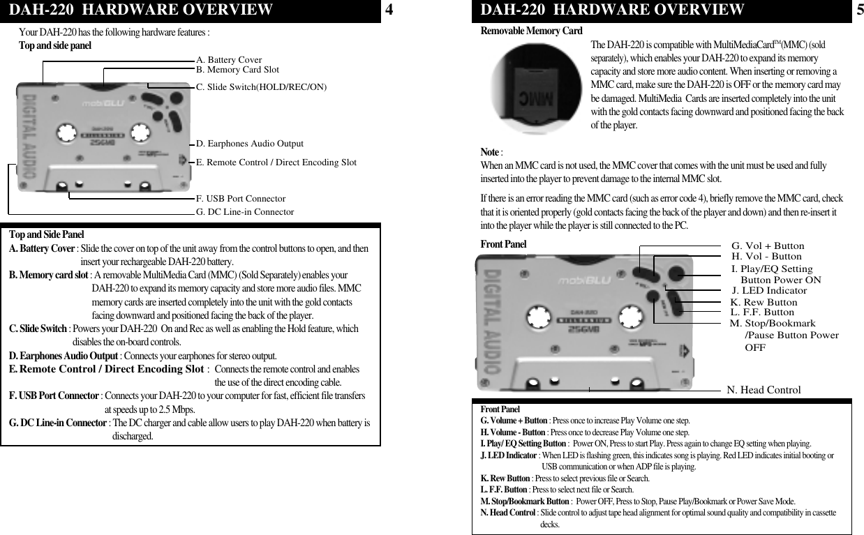 Removable Memory Card The DAH-220 is compatible with MultiMediaCardTM(MMC) (soldseparately), which enables your DAH-220 to expand its memorycapacity and store more audio content. When inserting or removing aMMC card, make sure the DAH-220 is OFF or the memory card maybe damaged. MultiMedia  Cards are inserted completely into the unitwith the gold contacts facing downward and positioned facing the backof the player.Note :When an MMC card is not used, the MMC cover that comes with the unit must be used and fullyinserted into the player to prevent damage to the internal MMC slot.If there is an error reading the MMC card (such as error code 4), briefly remove the MMC card, checkthat it is oriented properly (gold contacts facing the back of the player and down) and then re-insert itinto the player while the player is still connected to the PC.DAH-220  HARDWARE OVERVIEW 5Front PanelG. Volume + Button : Press once to increase Play Volume one step.  H. Volume - Button : Press once to decrease Play Volume one step. I. Play/ EQ Setting Button :  Power ON, Press to start Play. Press again to change EQ setting when playing.J. LED Indicator : When LED is flashing green, this indicates song is playing. Red LED indicates initial booting orUSB communication or when ADP file is playing. K. Rew Button : Press to select previous file or Search. L. F.F. Button : Press to select next file or Search.M. Stop/Bookmark Button :  Power OFF, Press to Stop, Pause Play/Bookmark or Power Save Mode.N. Head Control : Slide control to adjust tape head alignment for optimal sound quality and compatibility in cassettedecks.J. LED IndicatorK. Rew ButtonL. F.F. ButtonM. Stop/Bookmark/Pause Button PowerOFFG. Vol + ButtonH. Vol - ButtonI. Play/EQ SettingButton Power ONN. Head ControlFront PanelTop and Side PanelA. Battery Cover : Slide the cover on top of the unit away from the control buttons to open, and theninsert your rechargeable DAH-220 battery.B. Memory card slot : A removable MultiMedia Card (MMC) (Sold Separately)enables yourDAH-220 to expand its memory capacity and store more audio files. MMCmemory cards are inserted completely into the unit with the gold contactsfacing downward and positioned facing the back of the player.C. Slide Switch : Powers your DAH-220  On and Rec as well as enabling the Hold feature, whichdisables the on-board controls.D. Earphones Audio Output : Connects your earphones for stereo output.E. Remote Control / Direct Encoding Slot :Connects the remote control and enablesthe use of the direct encoding cable. F. USB Port Connector : Connects your DAH-220 to your computer for fast, efficient file transfersat speeds up to 2.5 Mbps.G. DC Line-in Connector : The DC charger and cable allow users to play DAH-220 when battery isdischarged.DAH-220  HARDWARE OVERVIEW 4A. Battery CoverG. DC Line-in ConnectorF. USB Port ConnectorD. Earphones Audio OutputE. Remote Control / Direct Encoding SlotC. Slide Switch(HOLD/REC/ON)B. Memory Card SlotYour DAH-220 has the following hardware features : Top and side panel