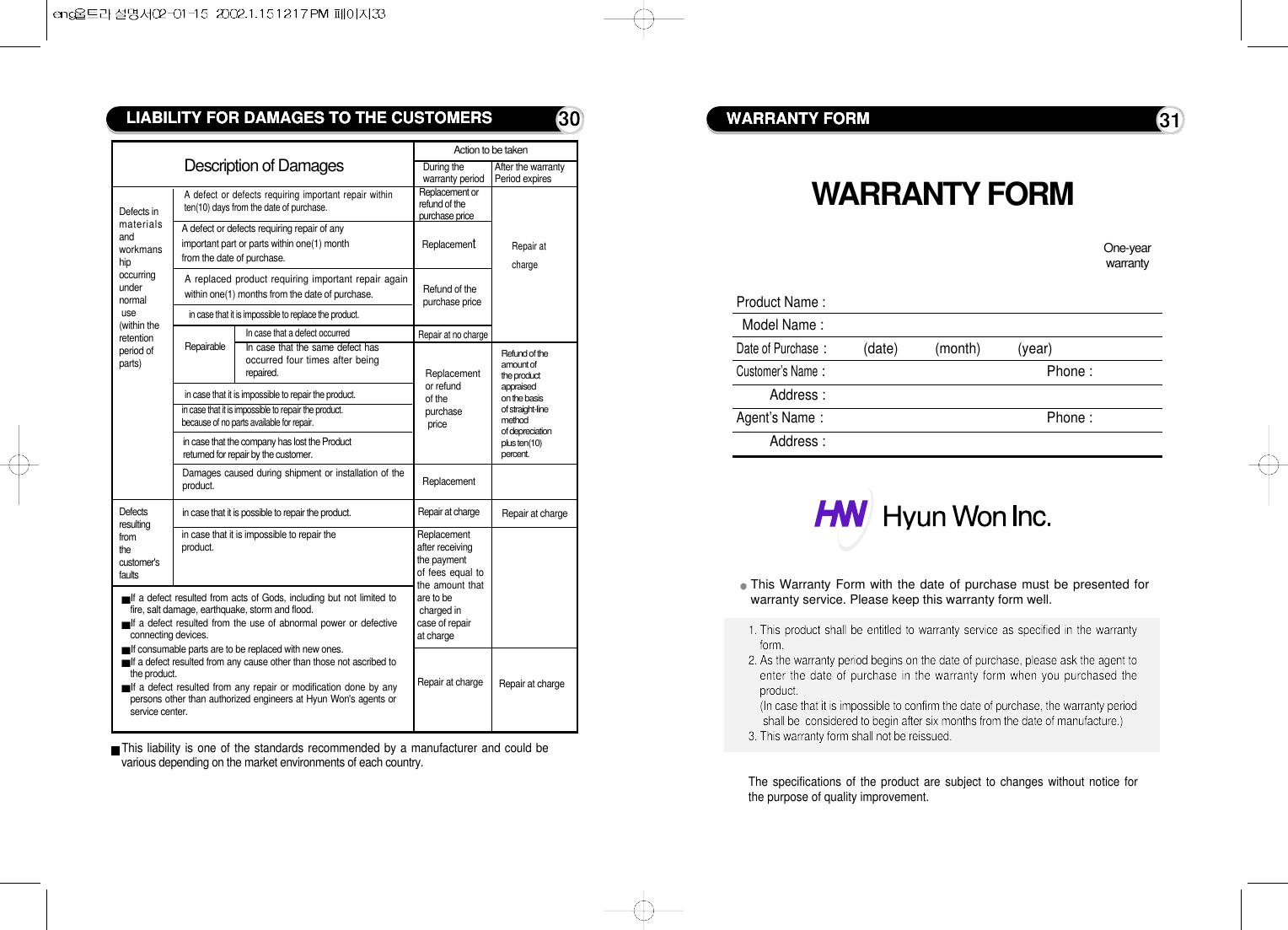 This liability is one of the standards recommended by a manufacturer and could bevarious depending on the market environments of each country.Defects in materialsand workmanship occurring under normaluse(within theretention period of parts)Defectsresulting from thecustomer&apos;s faultsIf a defect resulted from acts of Gods, including but not limited tofire, salt damage, earthquake, storm and flood.If a defect resulted from the use of abnormal power or defectiveconnecting devices.If consumable parts are to be replaced with new ones.If a defect resulted from any cause other than those not ascribed tothe product.If a defect resulted from any repair or modification done by anypersons other than authorized engineers at Hyun Won&apos;s agents orservice center.Description of Damages Action to be takenDuring the warranty periodReplacement or refund of the purchase priceReplacementRefund of thepurchase priceRepair at no chargeReplacementor refund of thepurchasepriceRefund of the amount of the product appraised on the basis of straight-line method of depreciation plus ten(10) percent.A defect or defects requiring important repair withinten(10) days from the date of purchase.A defect or defects requiring repair of anyimportant part or parts within one(1) monthfrom the date of purchase.A replaced product requiring important repair againwithin one(1) months from the date of purchase.in case that it is impossible to replace the product.In case that a defect occurredIn case that the same defect hasoccurred four times after beingrepaired.Repairablein case that it is impossible to repair the product.in case that it is impossible to repairthe product.because of no parts available for repair.in case that the company has lost the Productreturned for repair by the customer.Damages caused during shipment or installation of theproduct.in case that it is possible to repair the product.in case that it is impossible to repair the product.ReplacementRepair at chargeReplacement after receiving the payment of fees equal tothe amount thatare to becharged in case of repair at charge Repair at chargeRepair at charge Repair at chargeAfter the warranty Period expiresRepair at chargeLIABILITY FOR DAMAGES TO THE CUSTOMERS 30 WARRANTY FORM 31WARRANTY FORMProduct Name :Model Name:Date of Purchase:          (date)          (month)          (year)Customer’s Name: Phone :Address :Agent’s Name: Phone :Address :This Warranty Form with the date of purchase must be presented forwarranty service. Please keep this warranty form well.1. This product shall be entitled to warranty service as specified in the warrantyform.2. As the warranty period begins on the date of purchase, please ask the agent toenter the date of purchase in the warranty form when you purchased theproduct.(In case that it is impossible to confirm the date of purchase, the warranty periodshall be  considered to begin after six months from the date of manufacture.)3. This warranty form shall not be reissued.The specifications of the product are subject to changes without notice forthe purpose of quality improvement.One-year warranty