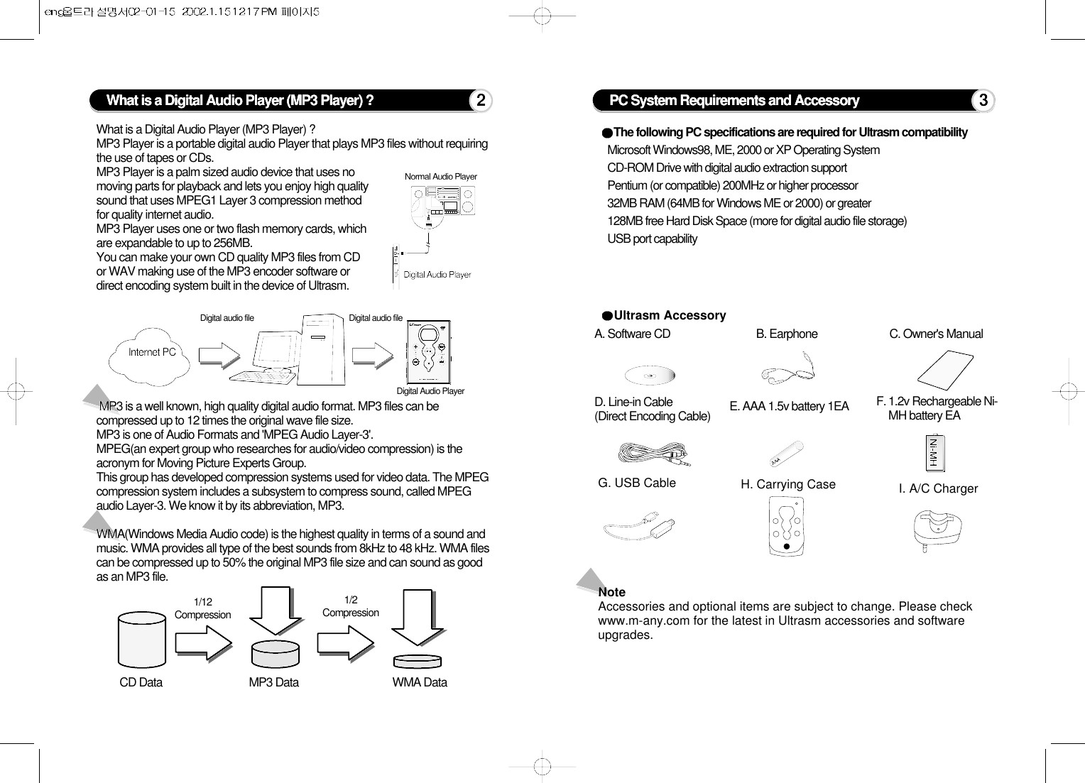 What is a Digital Audio Player (MP3 Player) ? PC System Requirements and AccessoryA. Software CDThe following PC specifications are required for Ultrasm compatibility    Microsoft Windows98, ME, 2000 or XP Operating SystemCD-ROM Drive with digital audio extraction supportPentium (or compatible) 200MHz or higher processor32MB RAM (64MB for Windows ME or 2000) or greater128MB free Hard Disk Space (more for digital audio file storage)USB port capabilityMP3 is a well known, high quality digital audio format. MP3 files can becompressed up to 12 times the original wave file size.MP3 is one of Audio Formats and &apos;MPEG Audio Layer-3&apos;.MPEG(an expert group who researches for audio/video compression) is theacronym for Moving Picture Experts Group.This group has developed compression systems used for video data. The MPEGcompression system includes a subsystem to compress sound, called MPEGaudio Layer-3. We know it by its abbreviation, MP3. WMA(Windows Media Audio code) is the highest quality in terms of a sound andmusic. WMA provides all type of the best sounds from 8kHz to 48 kHz. WMA filescan be compressed up to 50% the original MP3 file size and can sound as goodas an MP3 file.What is a Digital Audio Player (MP3 Player) ?MP3 Player is a portable digital audio Player that plays MP3 files without requiringthe use of tapes or CDs.MP3 Player is a palm sized audio device that uses nomoving parts for playback and lets you enjoy high qualitysound that uses MPEG1 Layer 3 compression methodfor quality internet audio. MP3 Player uses one or two flash memory cards, whichare expandable to up to 256MB. You can make your own CD quality MP3 files from CDor WAV making use of the MP3 encoder software ordirect encoding system built in the device of Ultrasm.Ultrasm AccessoryB. Earphone C. Owner&apos;s ManualD. Line-in Cable(Direct Encoding Cable)H. Carrying Case I. A/C ChargerG. USB CableNote Accessories and optional items are subject to change. Please checkwww.m-any.com for the latest in Ultrasm accessories and softwareupgrades.E. AAA 1.5v battery 1EA F. 1.2v Rechargeable Ni-MH battery EACD Data MP3 Data1/12CompressionInternet PCDigital audio file Digital audio fileDigital Audio Player1/2CompressionWMA Data2 3Digital Audio PlayerNormal Audio Player