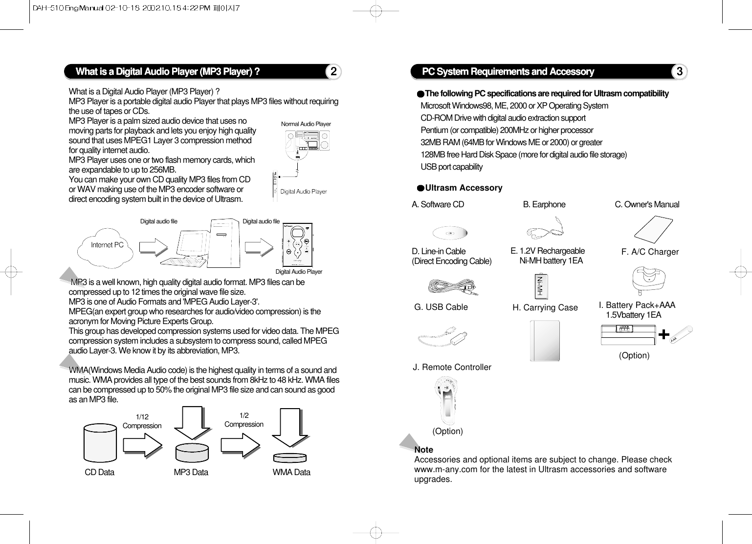 What is a Digital Audio Player (MP3 Player) ?MP3 is a well known, high quality digital audio format. MP3 files can becompressed up to 12 times the original wave file size.MP3 is one of Audio Formats and &apos;MPEG Audio Layer-3&apos;.MPEG(an expert group who researches for audio/video compression) is theacronym for Moving Picture Experts Group.This group has developed compression systems used for video data. The MPEGcompression system includes a subsystem to compress sound, called MPEGaudio Layer-3. We know it by its abbreviation, MP3. WMA(Windows Media Audio code) is the highest quality in terms of a sound andmusic. WMA provides all type of the best sounds from 8kHz to 48 kHz. WMA filescan be compressed up to 50% the original MP3 file size and can sound as goodas an MP3 file.What is a Digital Audio Player (MP3 Player) ?MP3 Player is a portable digital audio Player that plays MP3 files without requiringthe use of tapes or CDs.MP3 Player is a palm sized audio device that uses nomoving parts for playback and lets you enjoy high qualitysound that uses MPEG1 Layer 3 compression methodfor quality internet audio. MP3 Player uses one or two flash memory cards, whichare expandable to up to 256MB. You can make your own CD quality MP3 files from CDor WAV making use of the MP3 encoder software ordirect encoding system built in the device of Ultrasm.CD Data MP3 Data1/12CompressionInternet PCDigital audio file Digital audio fileDigital Audio Player1/2CompressionWMA Data2Digital Audio PlayerNormal Audio PlayerPC System Requirements and AccessoryA. Software CDThe following PC specifications are required for Ultrasm compatibility    Microsoft Windows98, ME, 2000 or XP Operating SystemCD-ROM Drive with digital audio extraction supportPentium (or compatible) 200MHz or higher processor32MB RAM (64MB for Windows ME or 2000) or greater128MB free Hard Disk Space (more for digital audio file storage)USB port capabilityUltrasm AccessoryB. Earphone C. Owner&apos;s ManualD. Line-in Cable(Direct Encoding Cable)H. Carrying Case I. Battery Pack+AAA1.5Vbattery 1EAJ. Remote Controller(Option)(Option)F. A/C ChargerG. USB CableNote Accessories and optional items are subject to change. Please checkwww.m-any.com for the latest in Ultrasm accessories and softwareupgrades.E. 1.2V RechargeableNi-MH battery 1EA3
