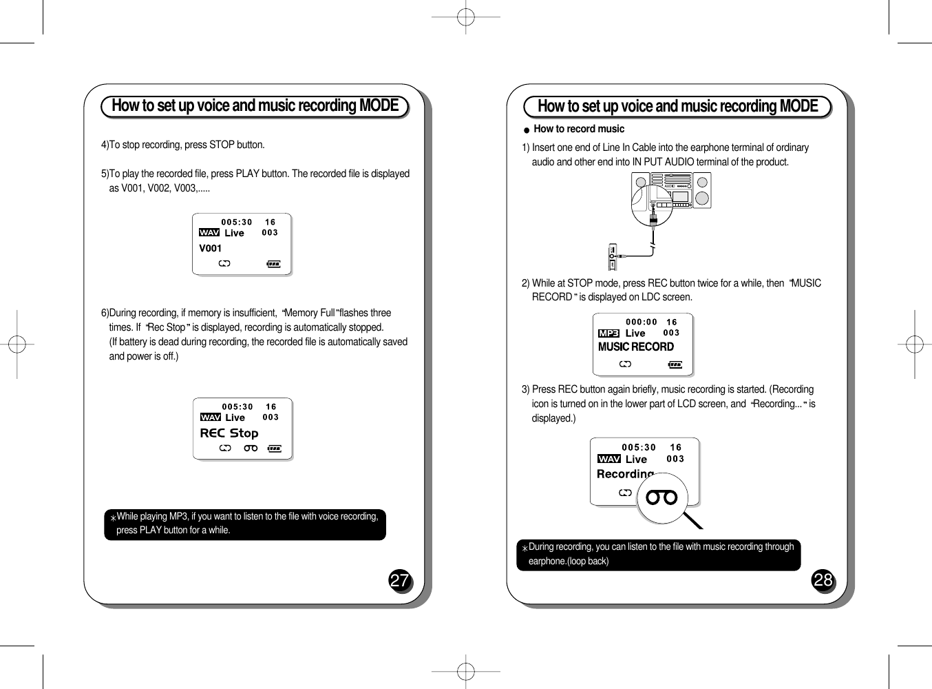 How to set up voice and music recording MODE274)To stop recording, press STOP button.5)To play the recorded file, press PLAY button. The recorded file is displayedas V001, V002, V003,.....6)During recording, if memory is insufficient,  Memory Full flashes threetimes. If  Rec Stop is displayed, recording is automatically stopped. (If battery is dead during recording, the recorded file is automatically savedand power is off.)While playing MP3, if you want to listen to the file with voice recording,press PLAY button for a while. How to set up voice and music recording MODE 28How to record music1) Insert one end of Line In Cable into the earphone terminal of ordinaryaudio and other end into IN PUT AUDIO terminal of the product.2) While at STOP mode, press REC button twice for a while, then  MUSICRECORD is displayed on LDC screen.3) Press REC button again briefly, music recording is started. (Recordingicon is turned on in the lower part of LCD screen, and  Recording... isdisplayed.)During recording, you can listen to the file with music recording throughearphone.(loop back)