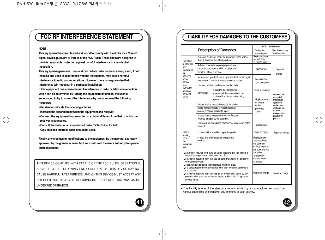 LIABILITY FOR DAMAGES TO THE CUSTOMERS42FCC RF INTERFERENCE STATEMENT41This liability is one of the standards recommended by a manufacturer and could bevarious depending on the market environments of each country.Defects in materialsand workmanship occurring under normaluse(within theretention period of parts)Defectsresulting from thecustomer&apos;s faultsIf a defect resulted from acts of Gods, including but not limited tofire, salt damage, earthquake, storm and flood.If a defect resulted from the use of abnormal power or defectiveconnecting devices.If consumable parts are to be replaced with new ones.If a defect resulted from any cause other than those not ascribed tothe product.If a defect resulted from any repair or modification done by anypersons other than authorized engineers at Hyun Won&apos;s agents orservice center.Description of Damages Action to be takenDuring the warranty periodReplacement or refund of the purchase priceReplacementRefund of thepurchase priceRepair at no chargeReplacementor refund of thepurchasepriceRefund of the amount of the product appraised on the basis of straight-line method of depreciation plus ten(10) percent.A defect or defects requiring important repair withinten(10) days from the date of purchase.A defect or defects requiring repair of anyimportant part or parts within one(1) monthfrom the date of purchase.A replaced product requiring important repair againwithin one(1) months from the date of purchase.in case that it is impossible to replace the product.In case that a defect occurredIn case that the same defect hasoccurred four times after beingrepaired.Repairablein case that it is impossible to repair the product.in case that it is impossible to repairthe product.because of no parts available for repair.in case that the company has lost the Productreturned for repair by the customer.Damages caused during shipment or installation of theproduct.in case that it is possible to repair the product.in case that it is impossible to repair the product.ReplacementRepair at chargeReplacement after receiving the payment of fees equal tothe amount thatare to becharged in case of repair at charge Repair at chargeRepair at charge Repair at chargeAfter the warranty Period expiresRepair at chargeNOTE :This equipment has been tested and found to comply with the limits for a Class Bdigital device, pursuant to Part 15 of the FCC Rules. These limits are designed toprovide reasonable protection against harmful interference in a residentialinstallation.This equipment generates, uses and can radiate radio frequency energy and, if notinstalled and used in accordance with the instructions, may cause harmfulinterference to radio communications. However, there is no guarantee thatinterference will not occur in a particular installation.If this equipment does cause harmful interference to radio or television receptionwhich can be determined by turning the equipment off and on, the user isencouraged to try to correct the interference by one or more of the followingmeasures.- Reorient or relocate the receiving antenna.- Increase the separation between the equipment and receiver.- Connect the equipment into an outlet on a circuit different from that to which thereceiver is connected.- Consult the dealer or an experienced radio, TV technical for help.- Only shielded interface cable should be used.Finally, any changes or modifications to the equipment by the user not expresslyapproved by the grantee or manufacturer could void the users authority to operatesuch equipment.THIS DEVICE COMPLIES WITH PART 15 OF THE FCC RULES. OPERATION ISSUBJECT TO THE FOLLOWING TWO CONDITIONS: (1) THIS DEVICE MAY NOTCAUSE HARMFUL INTERFERENCE, AND (2) THIS DEVICE MUST ACCEPT ANYINTERFERENCE RECEIVED INCLUDING INTERFERENCE THAT MAY CAUSEUNDESIRED OPERATION.