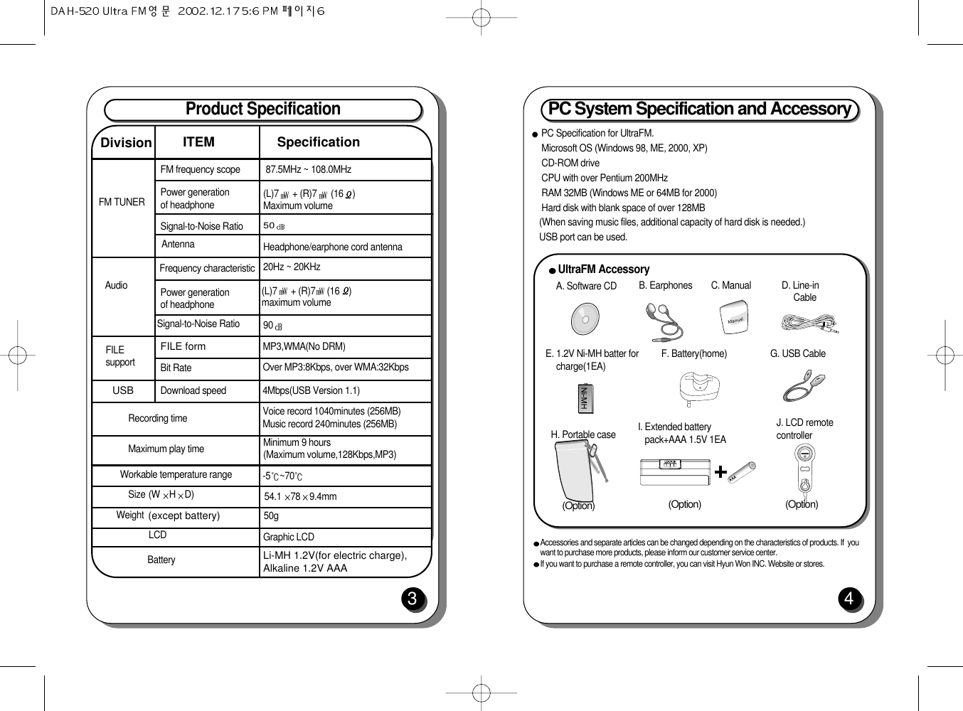 Product Specification3FM TUNERDivision ITEM SpecificationAudioFILE supportRecording timeMaximum play timeBatterySize 54.1 78 9.4mm(W HD) (except battery) 50gWeightLCD Graphic LCDWorkable temperature rangeUSB FILE formMP3,WMA(No DRM) Over MP3:8Kbps, over WMA:32KbpsBit RateDownload speed 4Mbps(USB Version 1.1)Voice record 1040minutes (256MB)Music record 240minutes (256MB)-5 ~70Li-MH 1.2V(for electric charge),Alkaline 1.2V AAAMinimum 9 hours(Maximum volume,128Kbps,MP3)FM frequency scope  87.5MHz ~ 108.0MHz20Hz ~ 20KHz(L)7 + (R)7 (16 ) Maximum volume(L)7 + (R)7 (16 )maximum volume5090Headphone/earphone cord antennaPower generation of headphonePower generation of headphoneSignal-to-Noise RatioAntennaFrequency characteristicSignal-to-Noise RatioPC System Specification and Accessory4A. Software CDUltraFM AccessoryB. Earphones C. Manual D. Line-in CableAccessories and separate articles can be changed depending on the characteristics of products. If  youwant to purchase more products, please inform our customer service center.If you want to purchase a remote controller, you can visit Hyun Won INC. Website or stores.F. Battery(home)I. Extended batterypack+AAA 1.5V 1EAH. Portable case J. LCD remotecontrollerG. USB Cable   (Option) (Option)(Option)E. 1.2V Ni-MH batter forcharge(1EA)PC Specification for UltraFM.Microsoft OS (Windows 98, ME, 2000, XP) CD-ROM driveCPU with over Pentium 200MHz  RAM 32MB (Windows ME or 64MB for 2000) Hard disk with blank space of over 128MB (When saving music files, additional capacity of hard disk is needed.)USB port can be used.