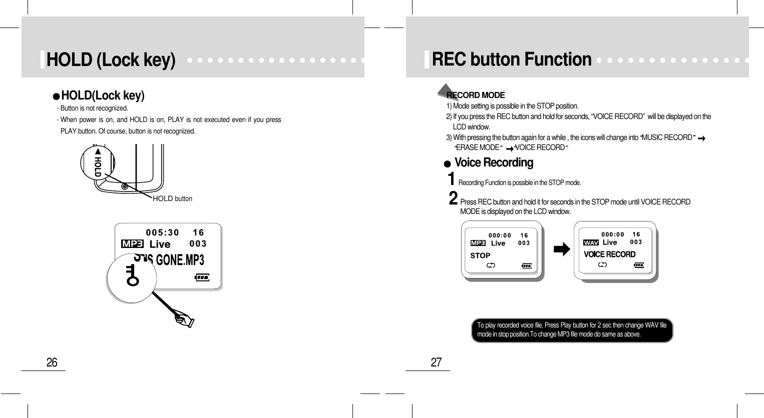 27REC button Function1Recording Function is possible in the STOP mode.2Press REC button and hold it for seconds in the STOP mode until VOICE RECORDMODE is displayed on the LCD window.Voice RecordingRECORD MODE1) Mode setting is possible in the STOP position.2) If you press the REC button and hold for seconds, “VOICE RECORD”  will be displayed on theLCD window.3) With pressing the button again for a while , the icons will change into MUSIC RECORDERASE MODE VOICE RECORDTo play recorded voice file, Press Play button for 2 sec then change WAV filemode in stop position.To change MP3 file mode do same as above.26HOLD (Lock key)HOLD(Lock key)- Button is not recognized.- When power is on, and HOLD is on, PLAY is not executed even if you pressPLAY button. Of course, button is not recognized.HOLD button