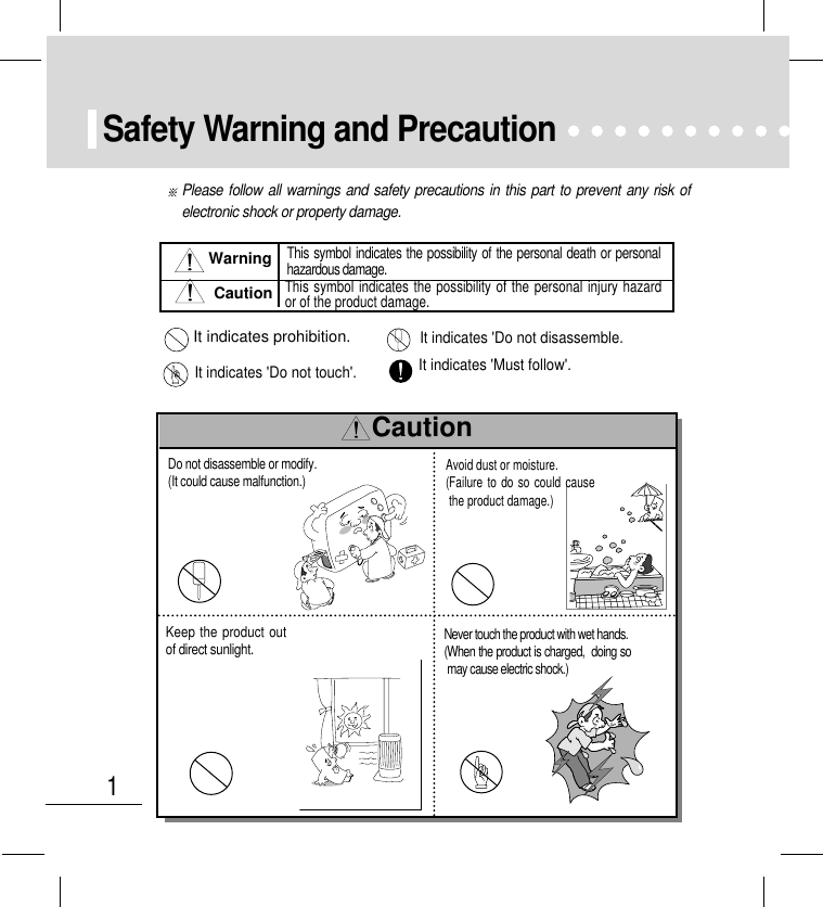 1Safety Warning and PrecautionPlease follow all warnings and safety precautions in this part to prevent any risk ofelectronic shock or property damage.This symbol indicates the possibility of the personal death or personalhazardous damage.This symbol indicates the possibility of the personal injury hazardor of the product damage.WarningCautionIt indicates &apos;Do not disassemble.It indicates prohibition.It indicates &apos;Must follow&apos;. It indicates &apos;Do not touch&apos;.  Do not disassemble or modify. (It could cause malfunction.)Avoid dust or moisture. (Failure to do so could causethe product damage.)Never touch the product with wet hands. (When the product is charged,  doing somay cause electric shock.) Keep the product outof direct sunlight.Caution