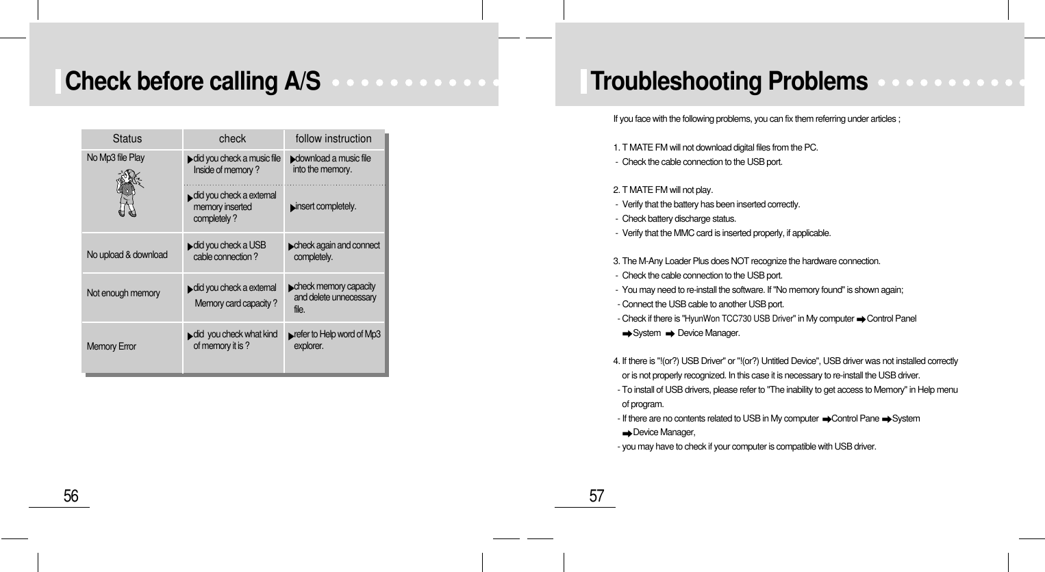 57Troubleshooting ProblemsIf you face with the following problems, you can fix them referring under articles ;1. T MATE FM will not download digital files from the PC.-  Check the cable connection to the USB port.2. T MATE FM will not play.-  Verify that the battery has been inserted correctly.-  Check battery discharge status.-  Verify that the MMC card is inserted properly, if applicable.3. The M-Any Loader Plus does NOT recognize the hardware connection.-  Check the cable connection to the USB port.-  You may need to re-install the software. If &quot;No memory found&quot; is shown again;- Connect the USB cable to another USB port.- Check if there is &quot;HyunWon TCC730 USB Driver&quot; in My computer  Control Panel  System   Device Manager.4. If there is &quot;!(or?) USB Driver&quot; or &quot;!(or?) Untitled Device&quot;, USB driver was not installed correctlyor is not properly recognized. In this case it is necessary to re-install the USB driver. - To install of USB drivers, please refer to &quot;The inability to get access to Memory&quot; in Help menuof program.- If there are no contents related to USB in My computer  Control Pane  System Device Manager,- you may have to check if your computer is compatible with USB driver.56Check before calling A/S download a music fileinto the memory.insert completely.did you check a music fileInside of memory ? did you check a externalmemory insertedcompletely ?did you check a USBcable connection ? check again and connectcompletely.check memory capacityand delete unnecessaryfile.refer to Help word of Mp3explorer.did you check a externalMemory card capacity ?did  you check what kindof memory it is ?No Mp3 file Play No upload &amp; download Not enough memoryMemory Error Status check follow instruction