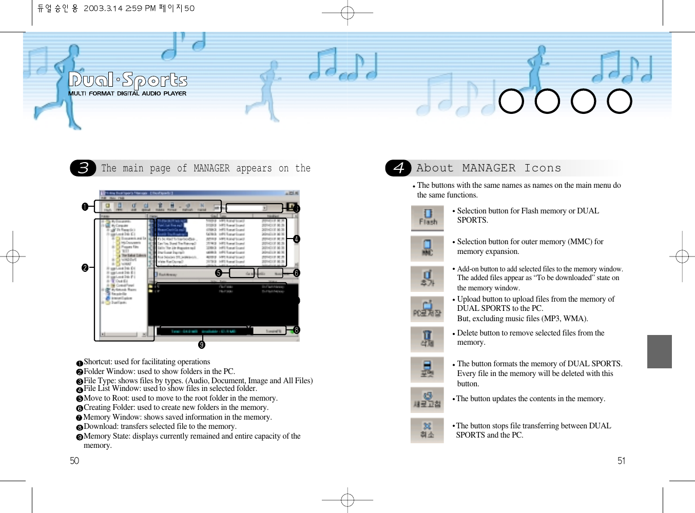 About MANAGER IconsThe buttons with the same names as names on the main menu dothe same functions.Shortcut: used for facilitating operationsFolder Window: used to show folders in the PC.File Type: shows files by types. (Audio, Document, Image and All Files)File List Window: used to show files in selected folder.Move to Root: used to move to the root folder in the memory.Creating Folder: used to create new folders in the memory.Memory Window: shows saved information in the memory.Download: transfers selected file to the memory.Memory State: displays currently remained and entire capacity of thememory.The main page of MANAGER appears on theSelection button for Flash memory or DUALSPORTS.Selection button for outer memory (MMC) formemory expansion.Add-on button to add selected files to the memory window.The added files appear as “To be downloaded” state onthe memory window.Upload button to upload files from the memory ofDUAL SPORTS to the PC.But, excluding music files (MP3, WMA).Delete button to remove selected files from thememory.The button formats the memory of DUAL SPORTS.Every file in the memory will be deleted with thisbutton.The button updates the contents in the memory.The button stops file transferring between DUALSPORTS and the PC. 