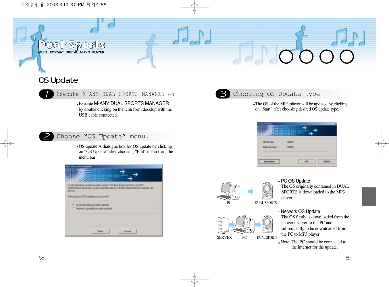 Execute M-ANY DUAL SPORTS MANAGER onChoose “OS Update” menu.Choosing OS Update typeOS Update Execute M-ANY DUAL SPORTS MANAGERby double clicking on the icon form desktop with theUSB cable connected. OS update A dialogue box for OS update by clickingon “OS Update” after choosing “Edit” menu from themenu bar.PCPCSERVERDUAL SPORTSDUAL SPORTSPC OS UpdateThe OS originally contained in DUALSPORTS is downloaded to the MP3player.Network OS UpdateThe OS firstly is downloaded from thenetwork server to the PC and subsequently to be downloaded fromthe PC to MP3 player. Note: The PC should be connected tothe internet for the update.DIGITALAUDIOPLAYER &amp; H.R.M&amp;FMRADIO- VOLUME +MODEPLAY STOP REWMICFFREC HOLDDIGITALAUDIOPLAYER &amp; H.R.M&amp;FMRADIO- VOLUME +MODEPLAY STOP REWMICFFREC HOLDThe OS of the MP3 player will be updated by clickingon “Start” after choosing desired OS update type.