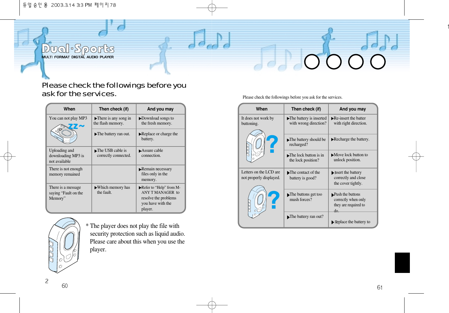 Please check the followings before youask for the services.Please check the followings before you ask for the services.* The player does not play the file withsecurity protection such as liquid audio.Please care about this when you use theplayer.When Then check (if) And you mayYou can not play MP3 There is any song inthe flash memory.The battery ran out. Download songs tothe fresh memory.Replace or charge thebattery.Uploading anddownloading MP3 isnot availableThe USB cable iscorrectly connected. Assure cableconnection. There is not enoughmemory remained Remain necessaryfiles only in thememory.There is a messagesaying “Fault on theMemory”Which memory hasthe fault.Refer to “Help” from M-ANY T MANAGER toresolve the problemsyou have with theplayer.When Then check (if) And you mayIt does not work bybuttoning. The battery is insertedwith wrong direction?The battery should berecharged?The lock button is inthe lock position?Re-insert the batterwith right direction.Recharge the battery.Move lock button tounlock position.Letters on the LCD arenot properly displayed. The contact of thebattery is good?The buttons get toomush forces?The battery ran out?nsert the batterycorrectly and closethe cover tightly.Push the buttonscorrectly when onlythey are required todo.eplace the battery to